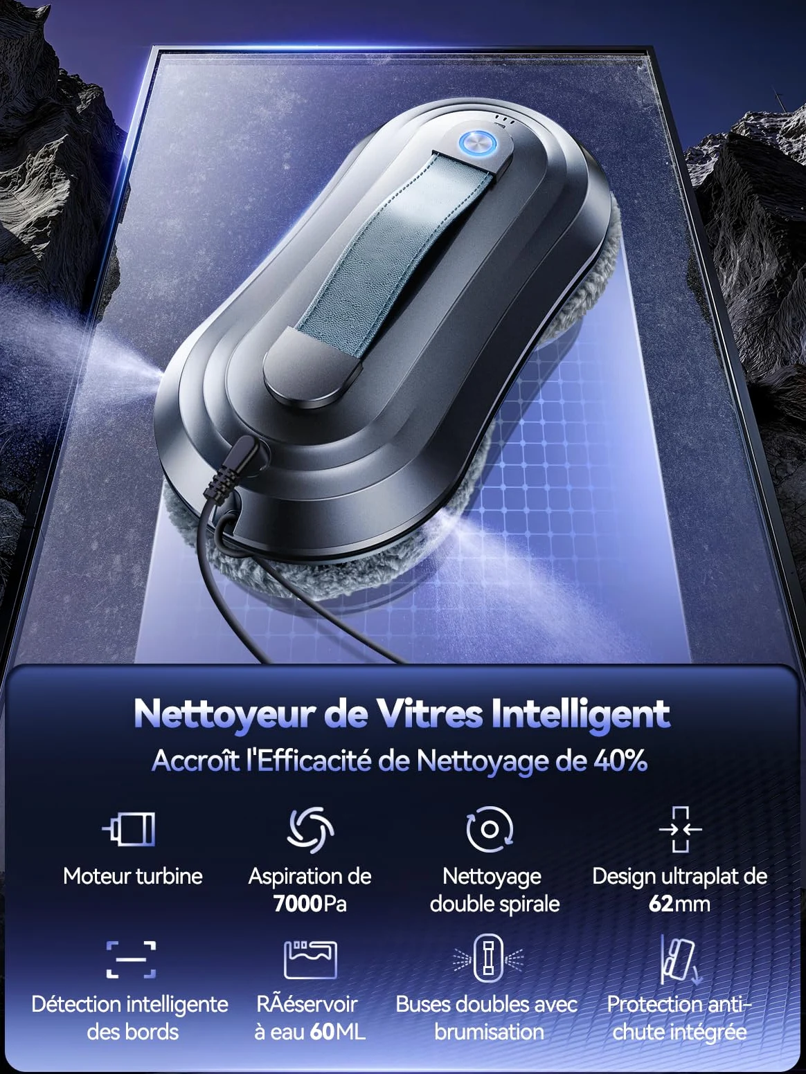 Robot Laveur de Vitre, Fonction Vaporisation, Aspiration Turbo 7000Pa, Silencieux, 3 Modes, Navigation Intelligente, Détection Bords, 10 Lingettes