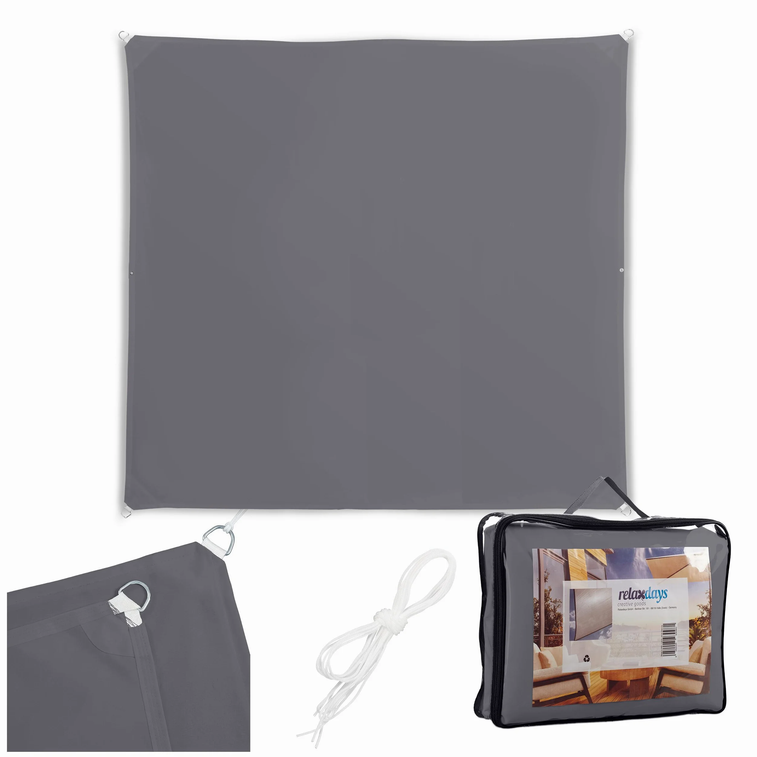 Tente d'ombrage Relaxdays, 5 x 5 m, Polyester, déperlant, œillets & Cordes de Tension, Toile carrée, Gris foncé
