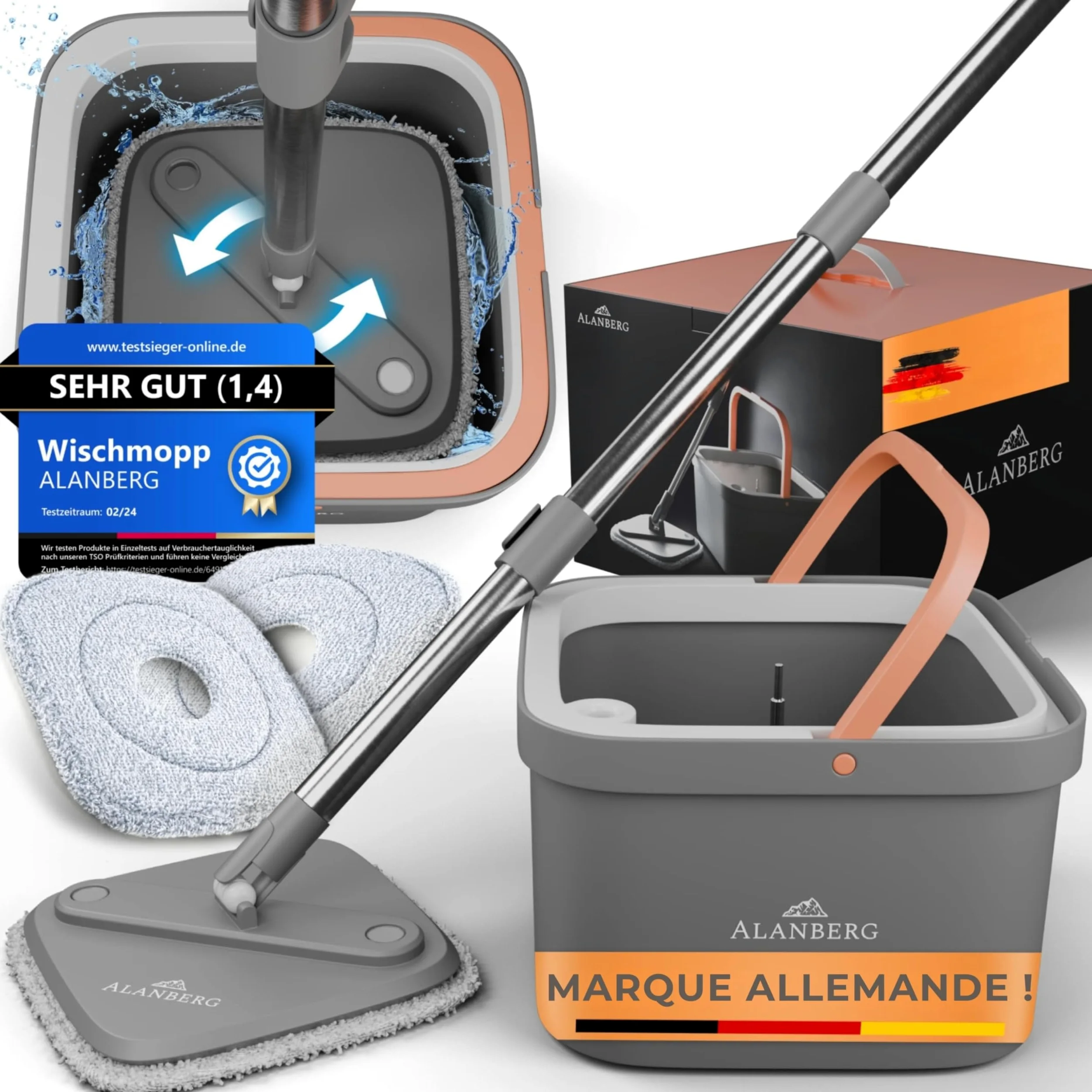 Serpillière et Seau Essoreur – Système à 2 Compartiments avec 2 Tampons Microfibre, Balai Plat de Nettoyage Sol et Ménage, Mop de Sol Plat avec Seau de Nettoyage, Gris – ALANBERG®