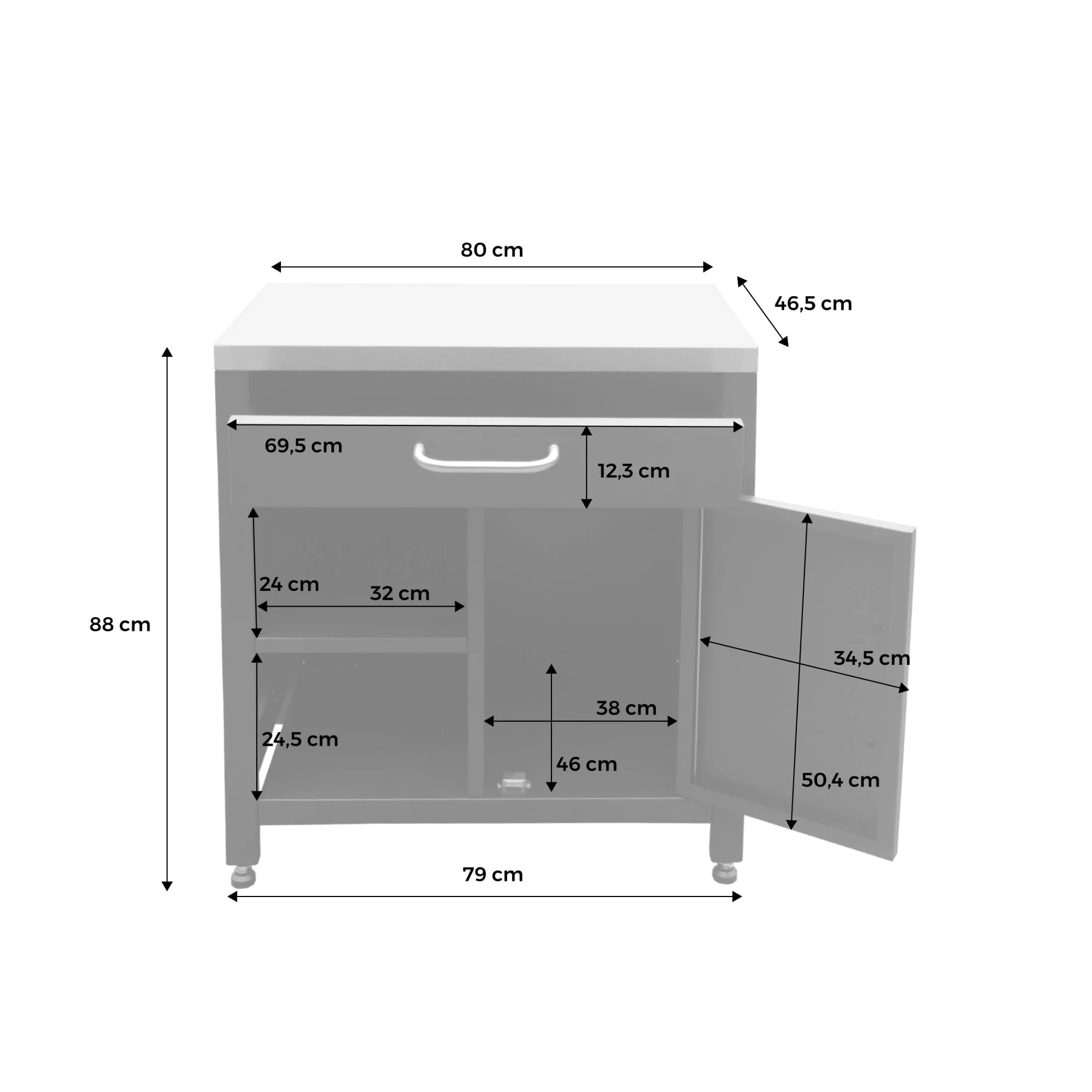 sweeek - Meuble de cuisine extérieure en acier L80cm avec 1 tiroir. 1 porte et 2 étagères de rangement