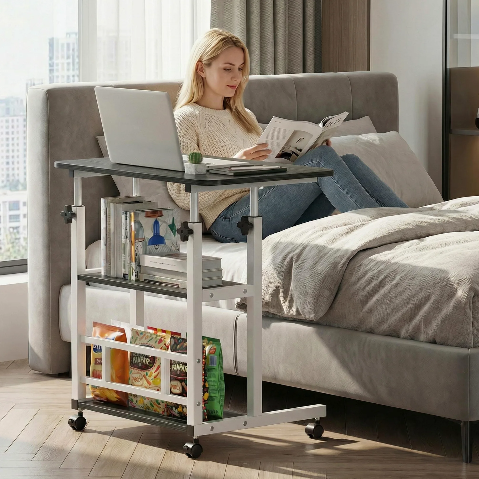 Huracan Bureau Informatique Mobile Réglable en Hauteur 56–82 cm, Table d’Ordinateur 80 x 40 cm avec 3 Niveaux de Rangement, 4 roulettes Verrouillables, Table d’Appoint pour Lit, Canapé – Noir Brossé