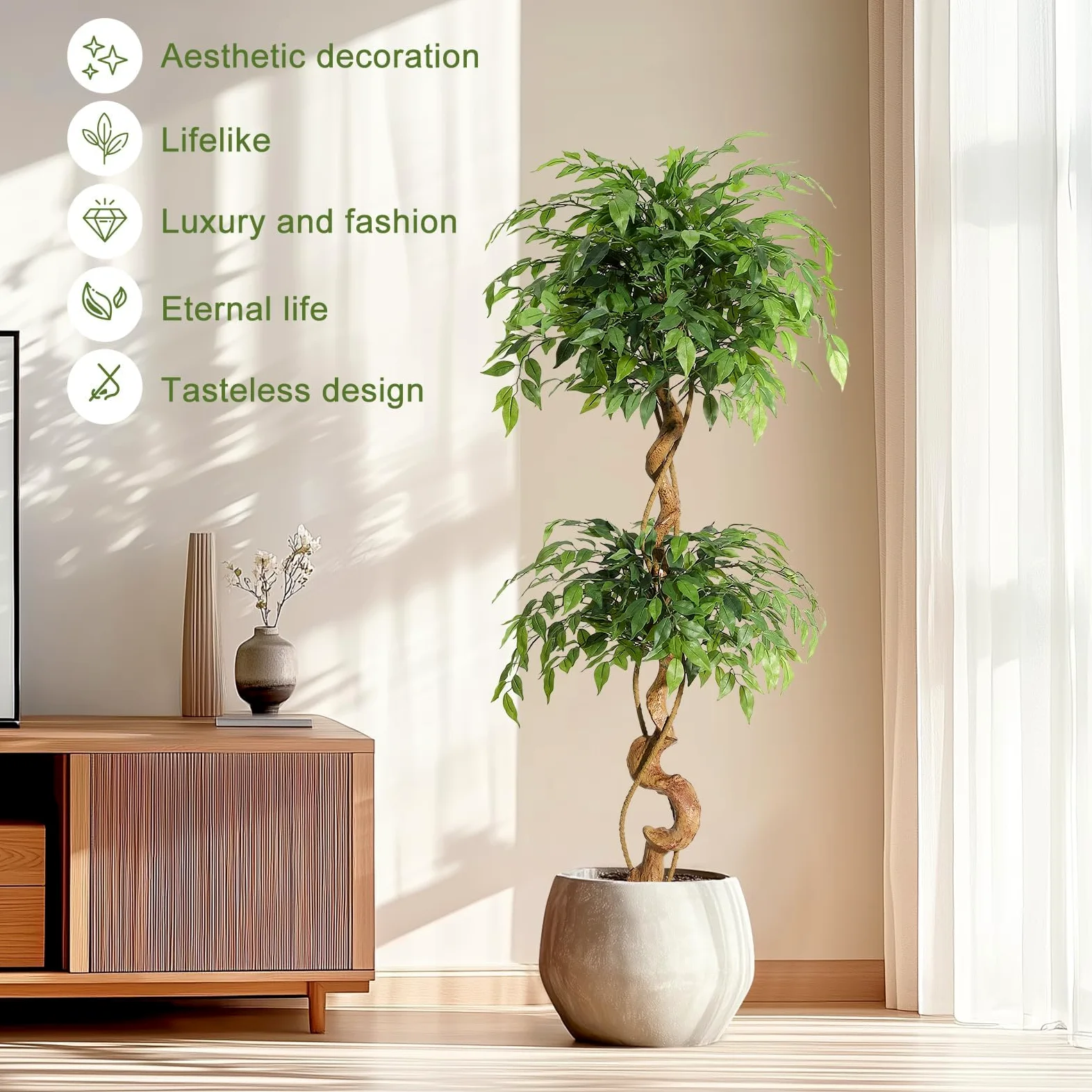 Ficus Artificiel 150 cm, Arbre Artificiel Intérieur Grande Plante Faux | Troncs Torsadés Naturels et Artistiques, Feuilles en Soie Haut de Gamme, Pot Blanc Inclus pour Décoration Maison Salon Bureau