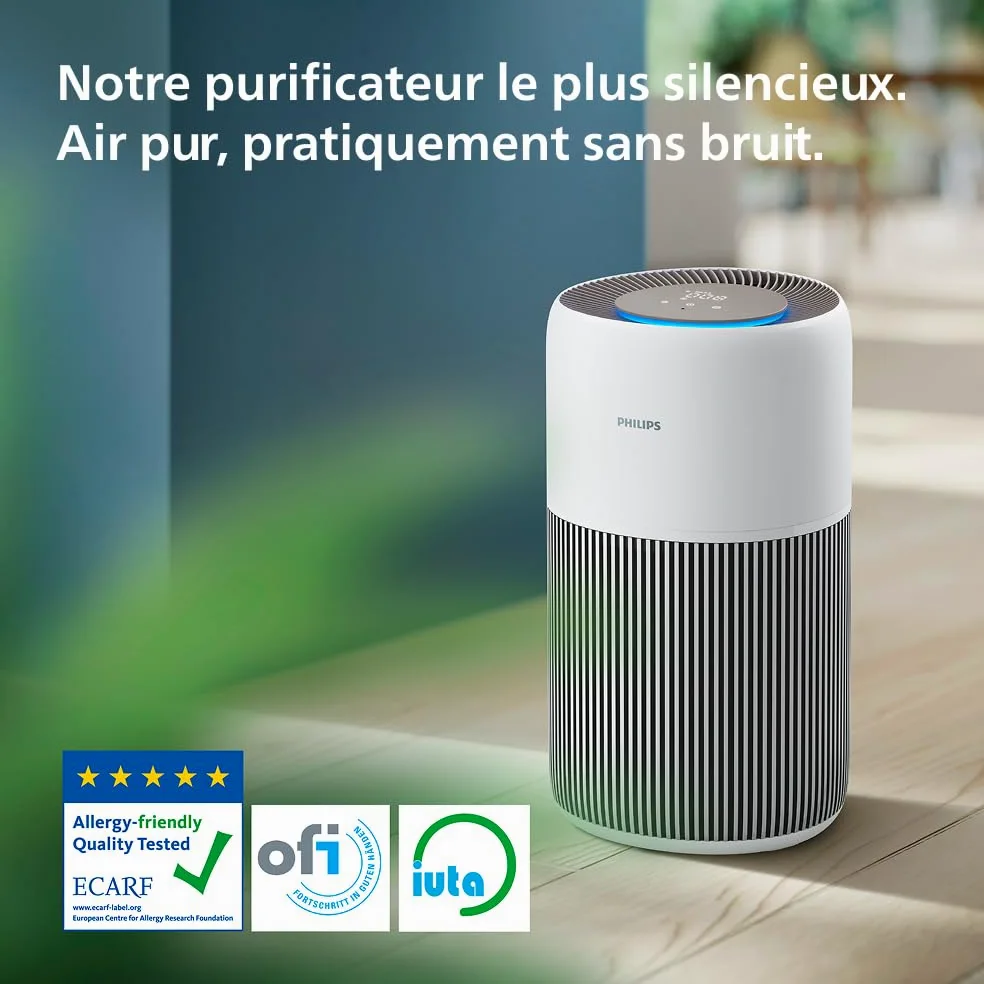 Philips Purificateur d'air Série 2200 - Filtre à charbon actif et HEPA NanoProtect, CADR 400m³/h pour 104m², Pour personnes allergiques, Ultra-silencieux, Filtre intelligent et durable (AC2210/10)
