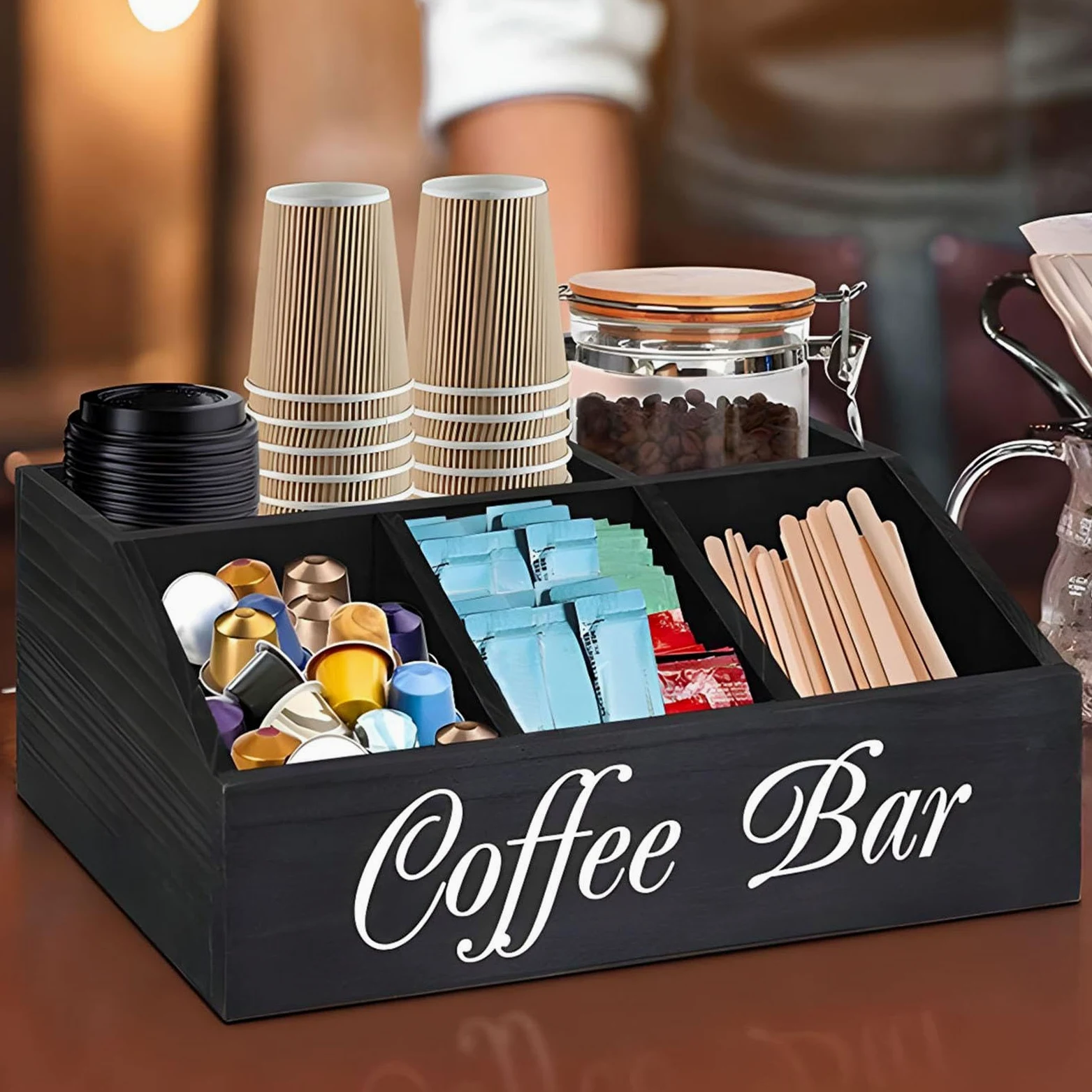 Étagère à café en bois | Organisateur de condiments de café | Plateau de rangement pour café | Panier de rangement pour dosettes de café avec séparateurs amovibles pour la maison, le bureau