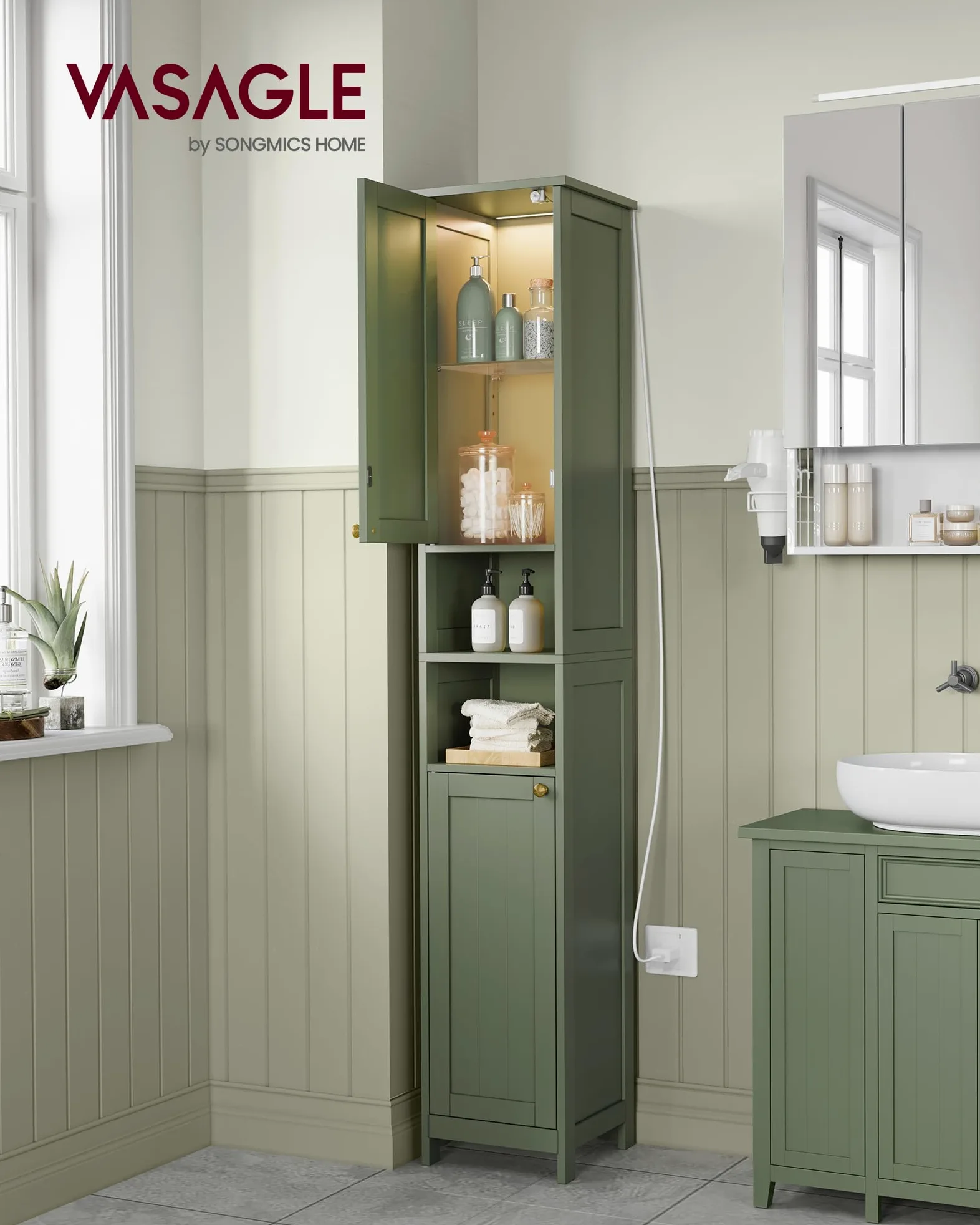 VASAGLE Armoire de Salle de Bain Haute avec Éclairage, Meuble de Rangement Mince, avec Étagères Réglables, Largeur 40 cm, pour Les Petits Espaces, Moderne, Vert Forêt BBC766CH03