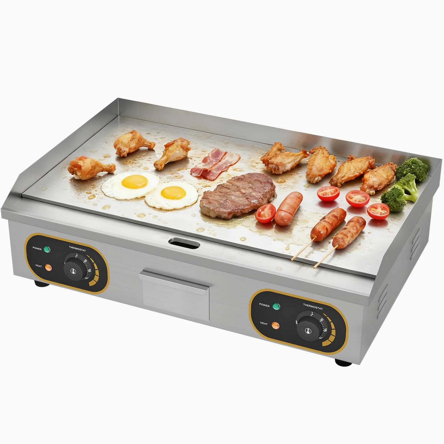 Plancha Électrique Professionnelle Inox 4400W De Gril En Le Fer 73 * 43cm, Thermostat 50 À 300°C, 2xThermostat, 2 Prises (Entièrement Lisse)