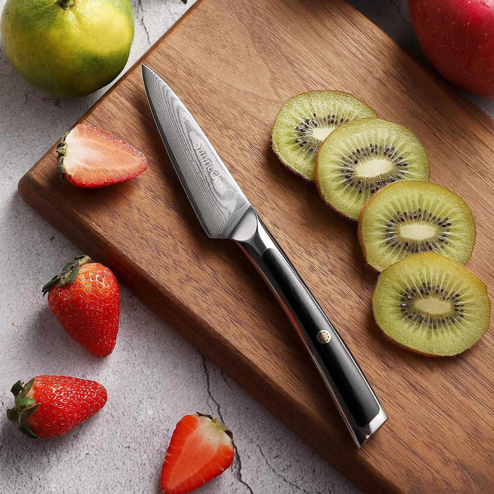 Sunnecko Couteau Office en Acier Damas 73 Couches, Couteau Cuisine d'office Professionnel 9cm à Éplucher Fruit Légume, Poignée G10