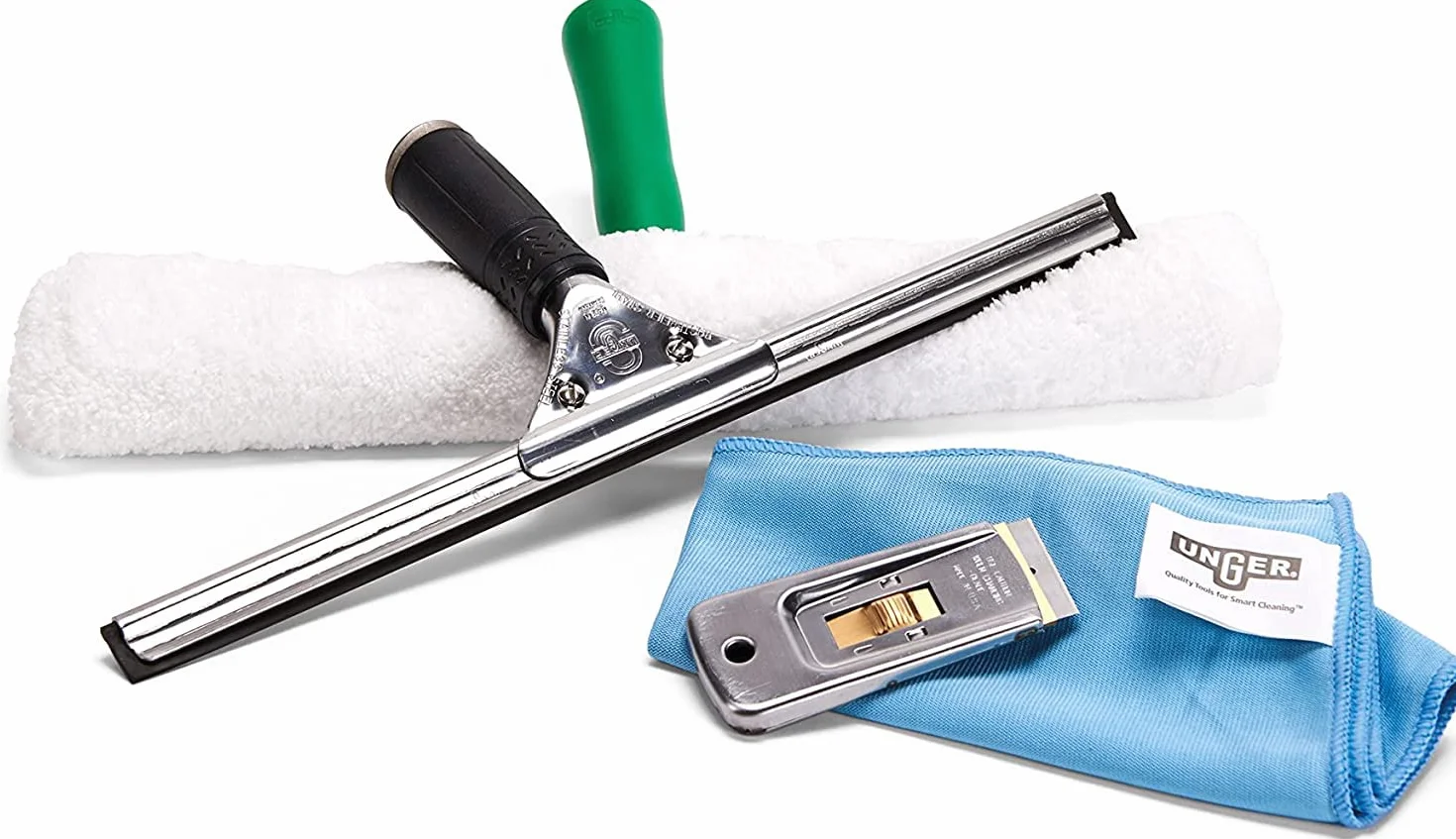 Unger Unitec Kit de Nettoyage de fenêtre avancé 4 en 1, équipement Professionnel de Nettoyage de vitres d'intérieur et d'extérieur, raclette, Lave-vitres, grattoir de sécurité, Chiffon en Microfibre,