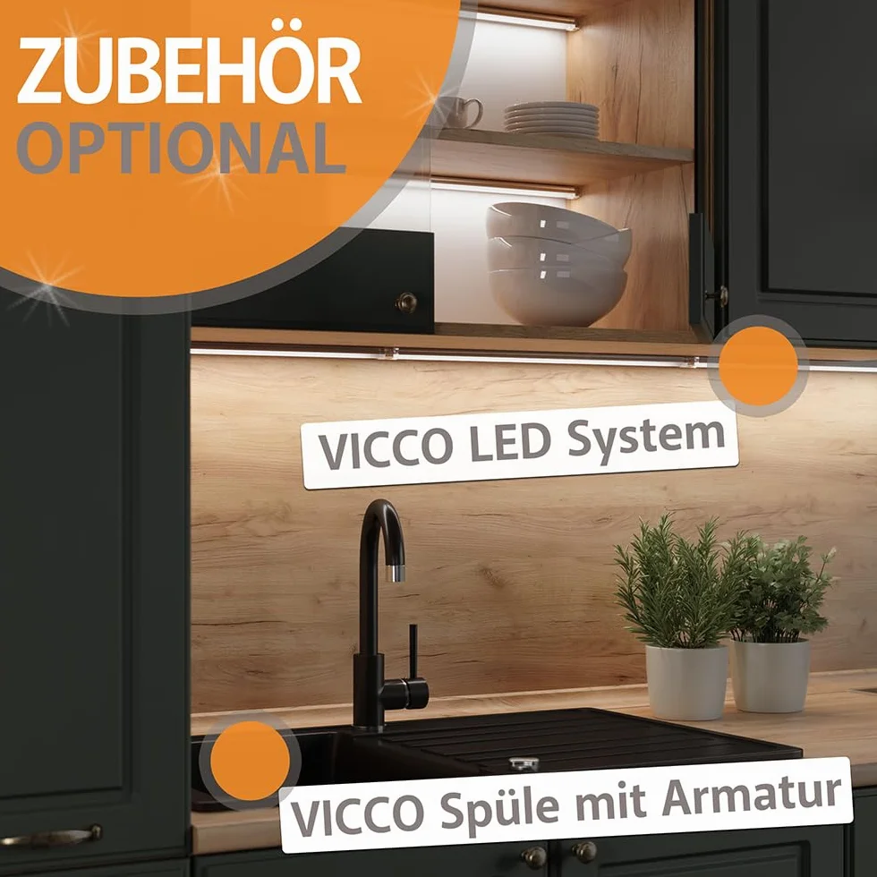 Vicco Cuisine Fame-Line, Anthracite Brillant/Chêne doré, 355cm, PT Chêne, adapté à Une Extension individuelle avec des modules supplémentaires