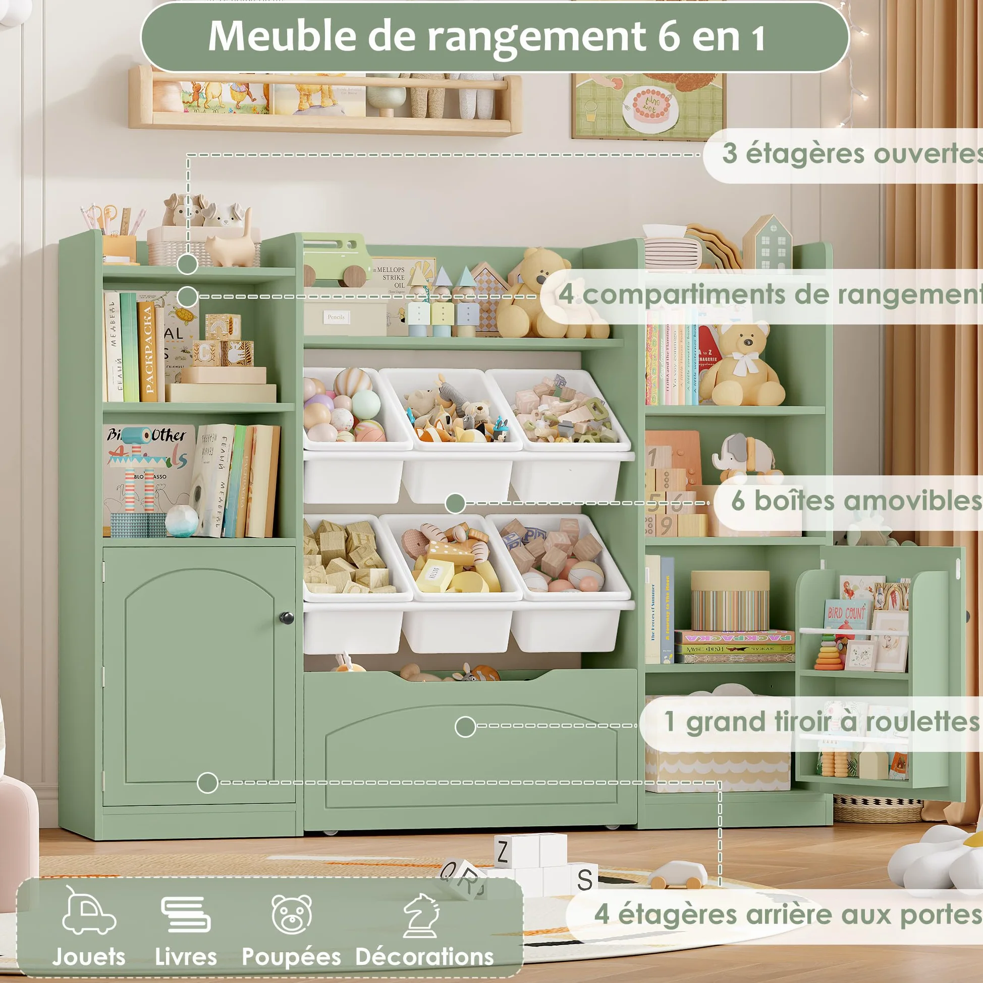 FOREHILL Meuble Rangement Enfant Bibliothèque Enfant avec 15 Étagères 6 Boîtes Amovibles 1 Tiroirs Roulants 2 Portes Rangement Jouet pour Chambre d'enfants Salle de Jeu 140x33x108.2cm Vert