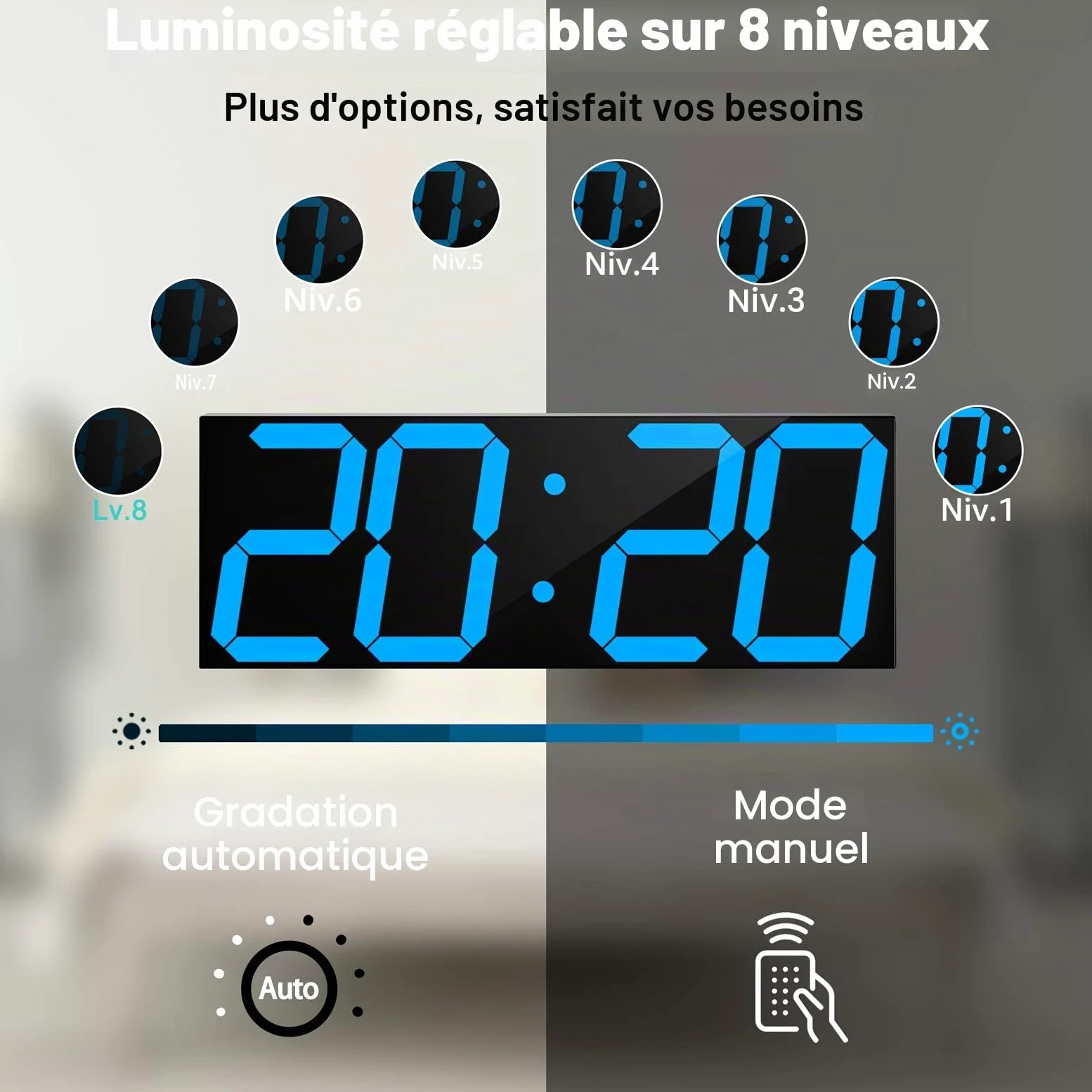 CHKOSDA Horloge murale numérique à LED horloge murale surdimensionnée avec chiffres de 152 cm minuterie à rebours télécommandée variateur d'intensité grand calendrier et thermomètre (bleu glacial)