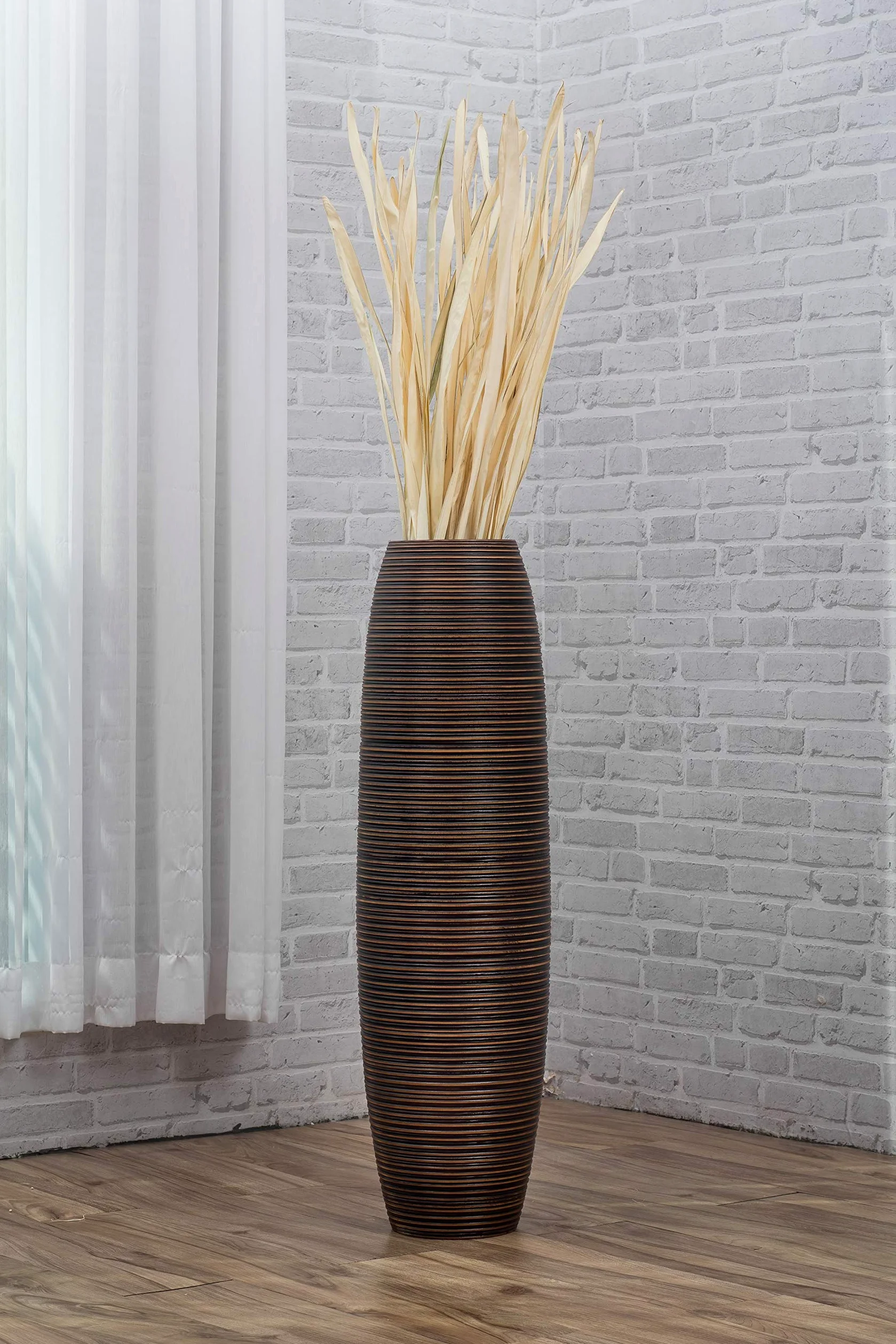 Leewadee Grand Vase de Sol 85 cm Bois de Manguier Pampa & Fleurs Séchées | Vase Déco pour Salon, pour Branches & Herbes Séchées. Plus solide que la Céramique, sans Eau. Bohème