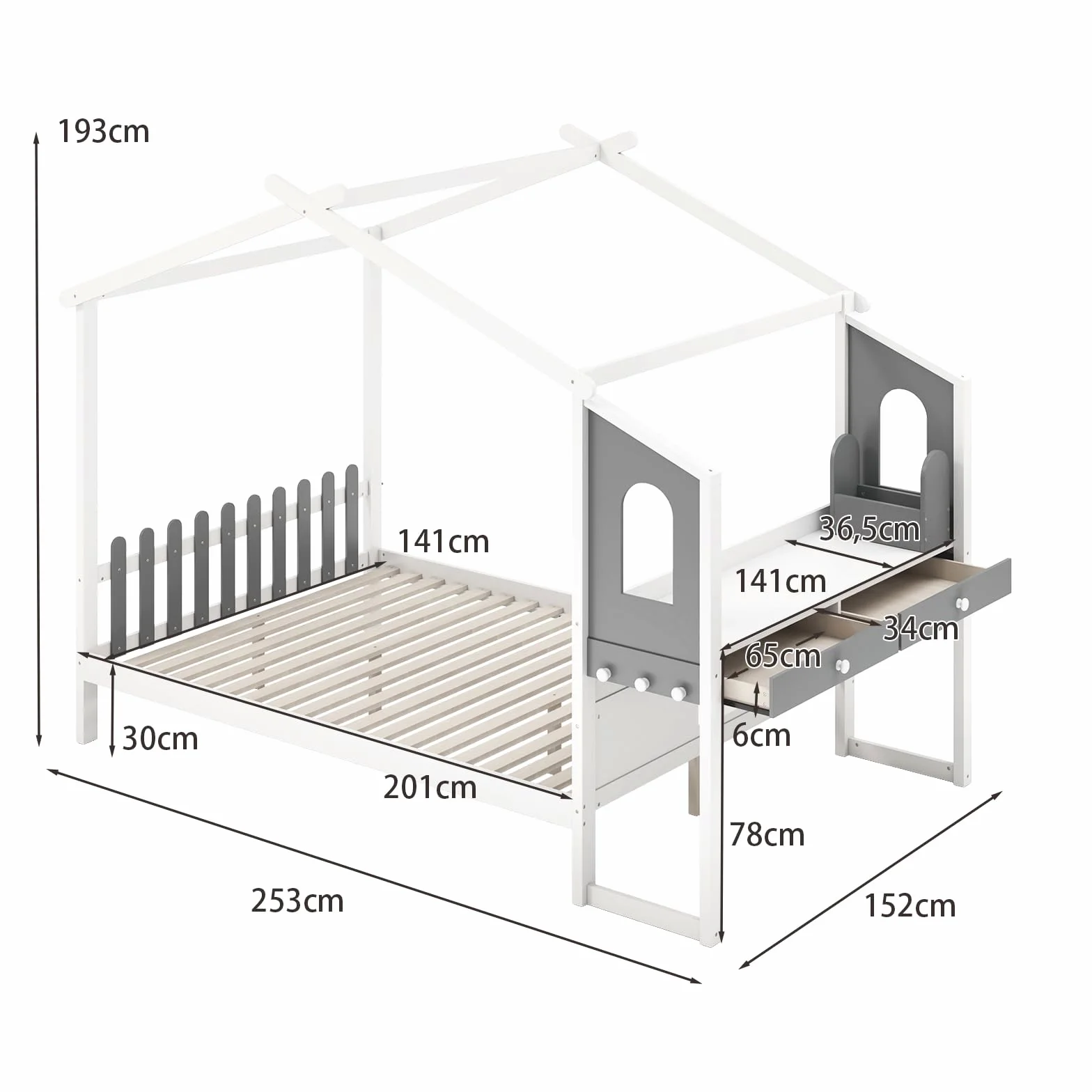 COSTWAY Lit Cabane Enfant 140 x 200 cm avec Grand Bureau, Lit Maison Double en Bois avec sommier à Lattes, Crochets et Tiroirs, Cadre de Lit Plateforme pour Garçon et Fille, Blanc et Gris
