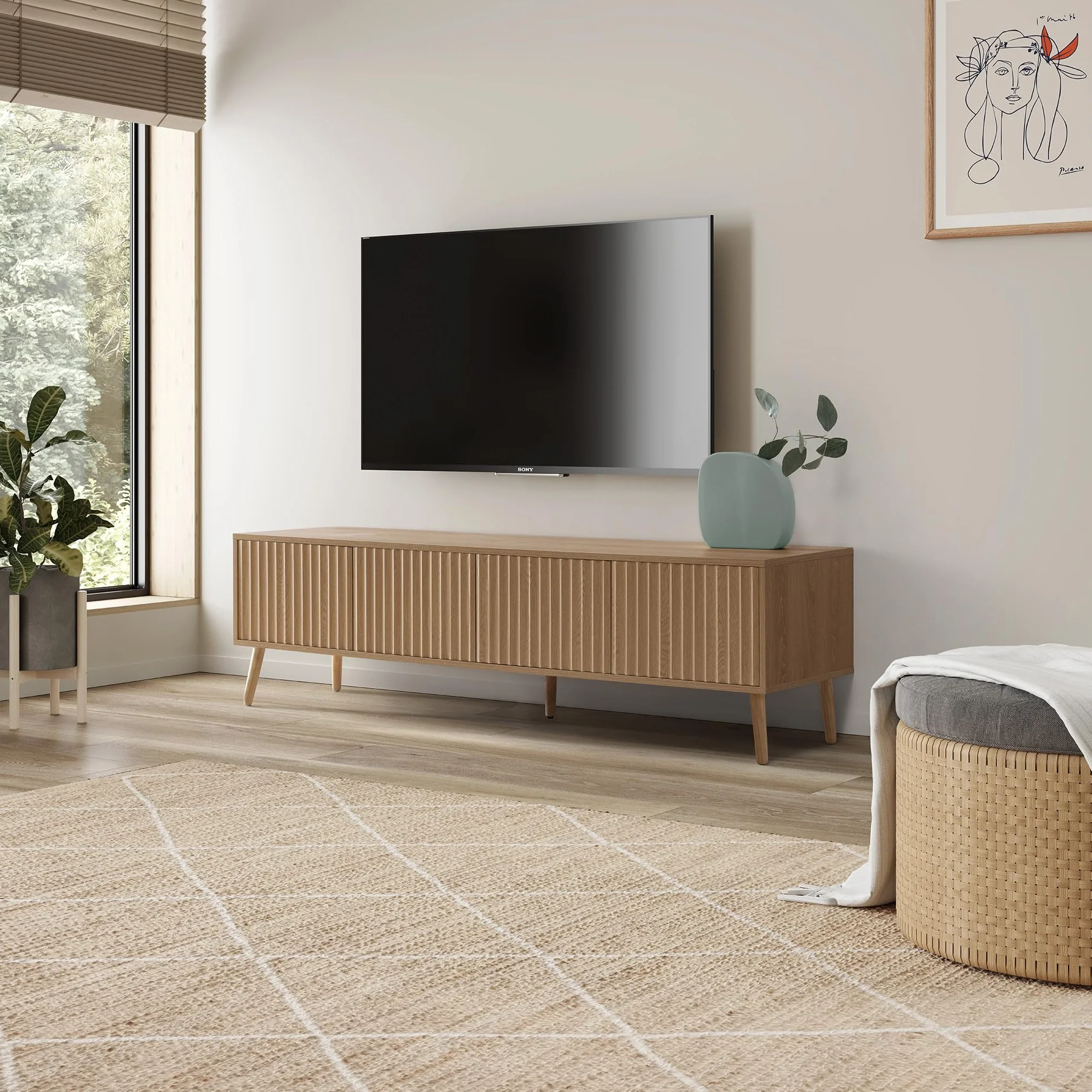 HOMN LIVING Meuble TV Lluvia 4 Portes Coloris chêne, 160 cm (Largeur) 40 cm (Profondeur) 45 cm (Hauteur)