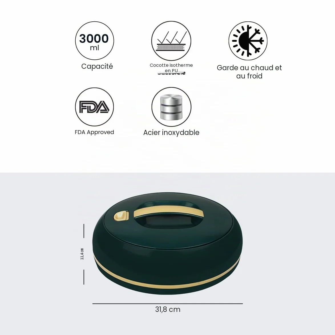 Grand plat de transport isotherme ovale élégant - Couvercle ouvert à une main - 3,15 l - Réchauffeur/refroidisseur de luxe - Bol de service thermique pour buffet/fête - Récipient pour aliments chauds