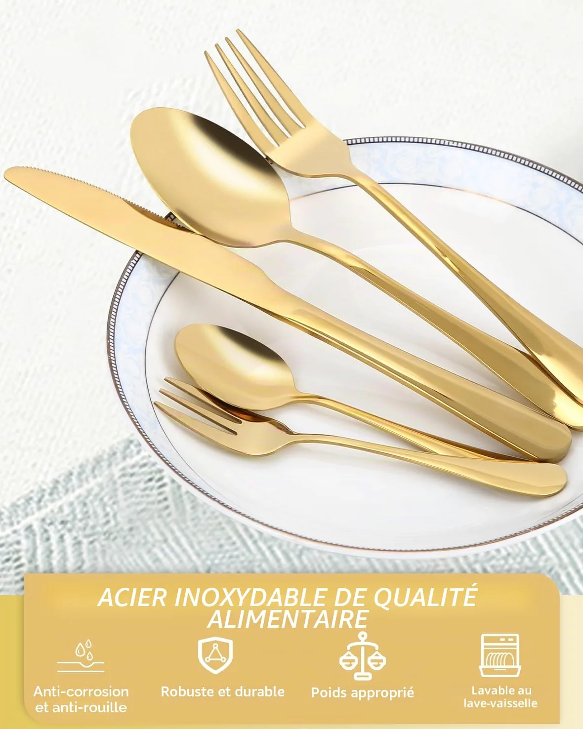 Couverts de Table 12 Personnes, Ménagère 60 Pièces Couverts Dorés | Polis et Lavables au Lave-Vaisselle, Couverts Table Doré, avec Couteaux/Fourchettes/Cuillères, pour Maison, Fête, Restaurant