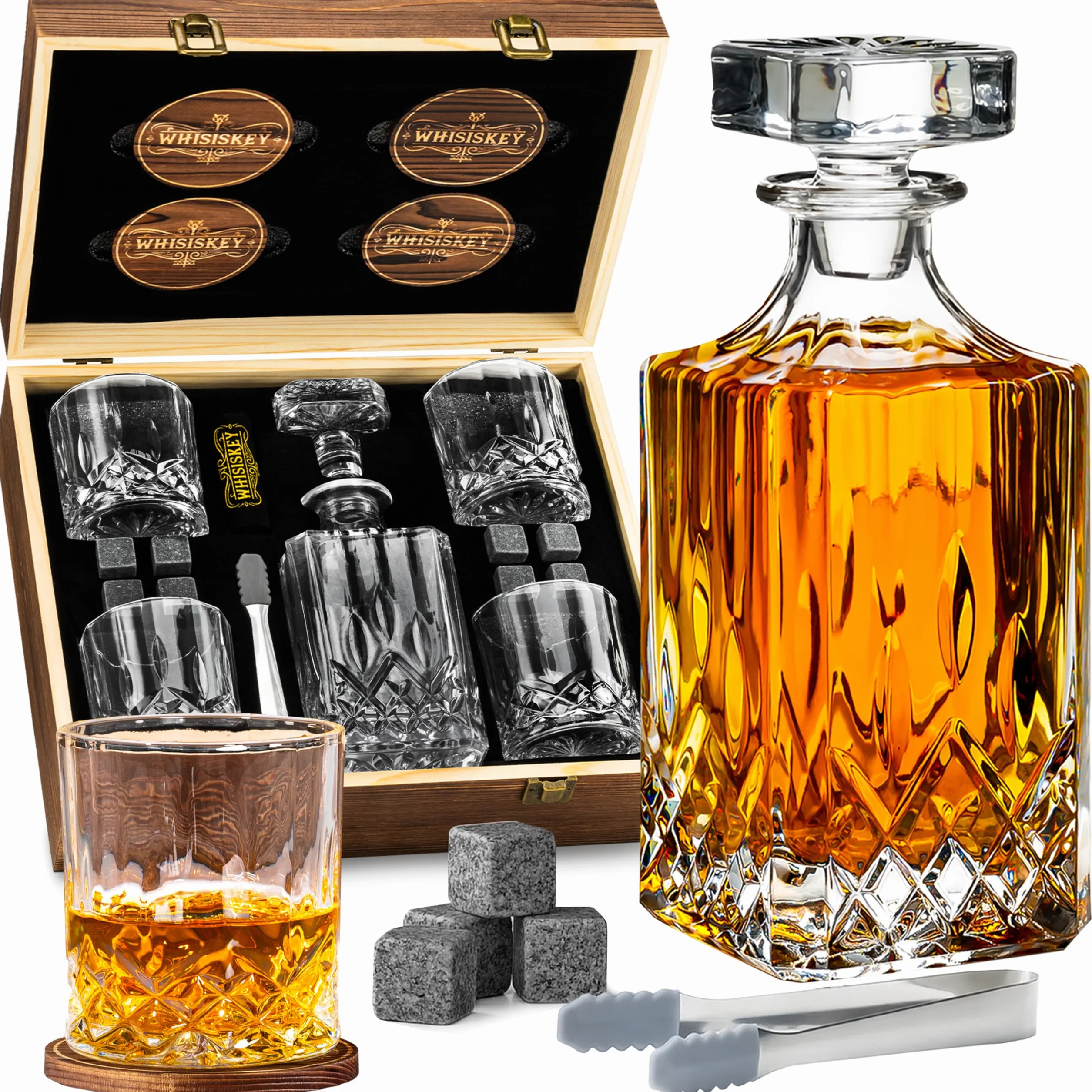 WHISISKEY Ensemble Carafe à Whisky - Coffret Cadeau à Whisky - Cadeaux pour Hommes - Cadeau d'anniversaire pour Homme - Carafe Classique 700 ML - 4 Verres à Whisky, 4 Pierres à Whisky