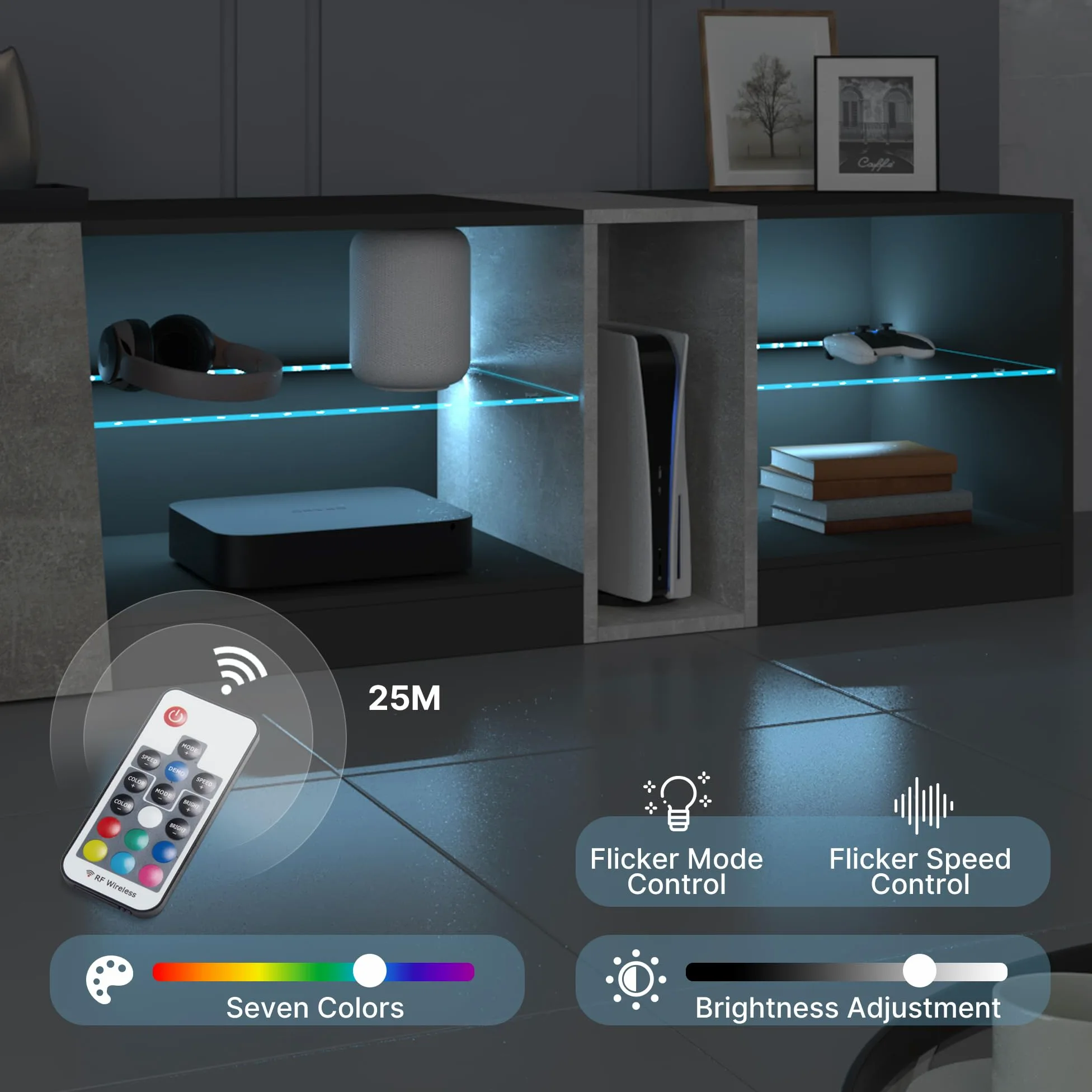 Mondeer Meuble TV, Support Télé LED avec 5 Compartiments et 1 Porte, pour TV de 55 Pouces, pour Salon Chambre à Coucher, W140 x H45 x D37,5 cm, Noir et Gris