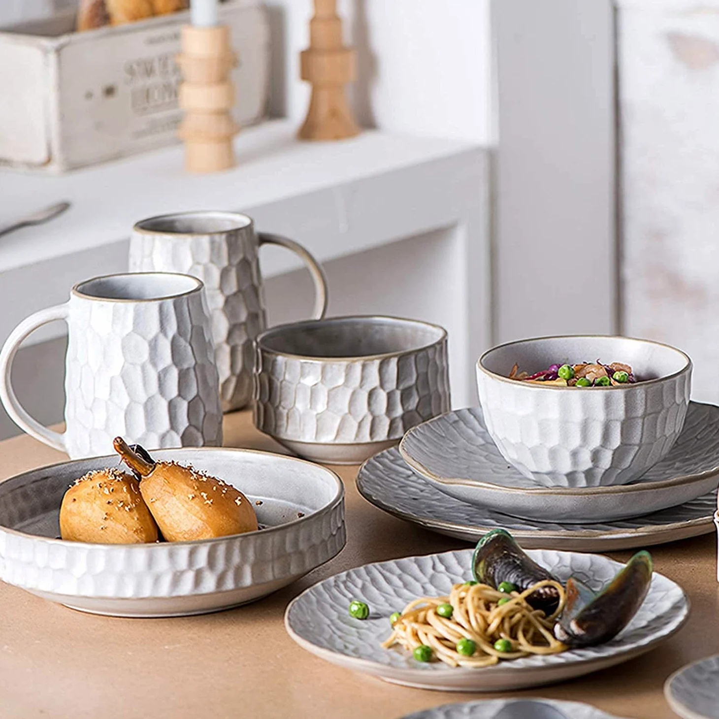 Ensembles de Vaisselle Ensemble de Vaisselle, Ensembles de Table en céramique, Bol à céréales Blanc 39 pièces, Assiette à Steak et Tasse en Porcelaine de Style (