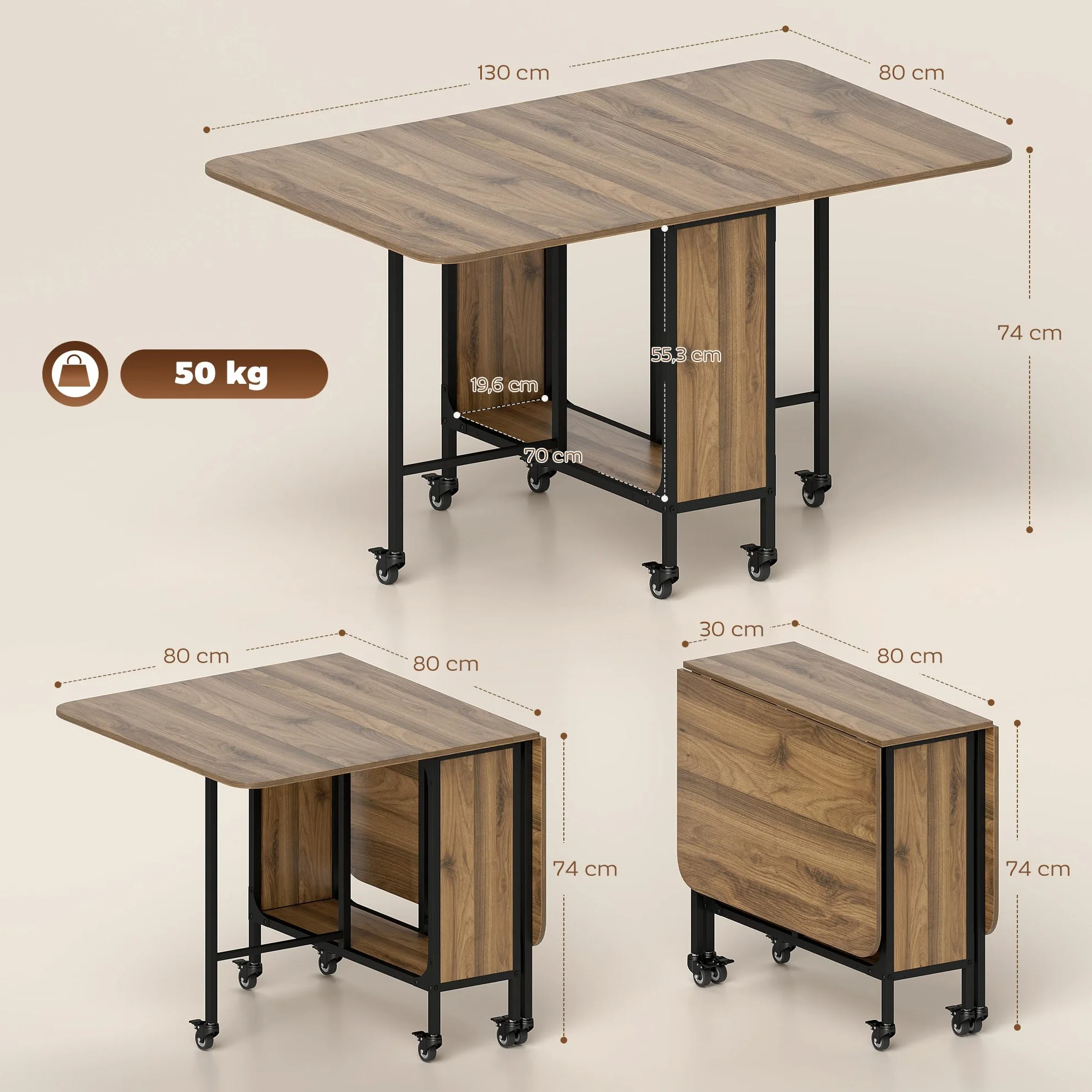 HOMCOM Table à Manger Pliante sur roulettes, Table de Cuisine pour 6 Personnes avec 2 abattants et étagère intégrée, pour Petits espaces, Salle à Manger, 130 x 80 x 74 cm, Marron