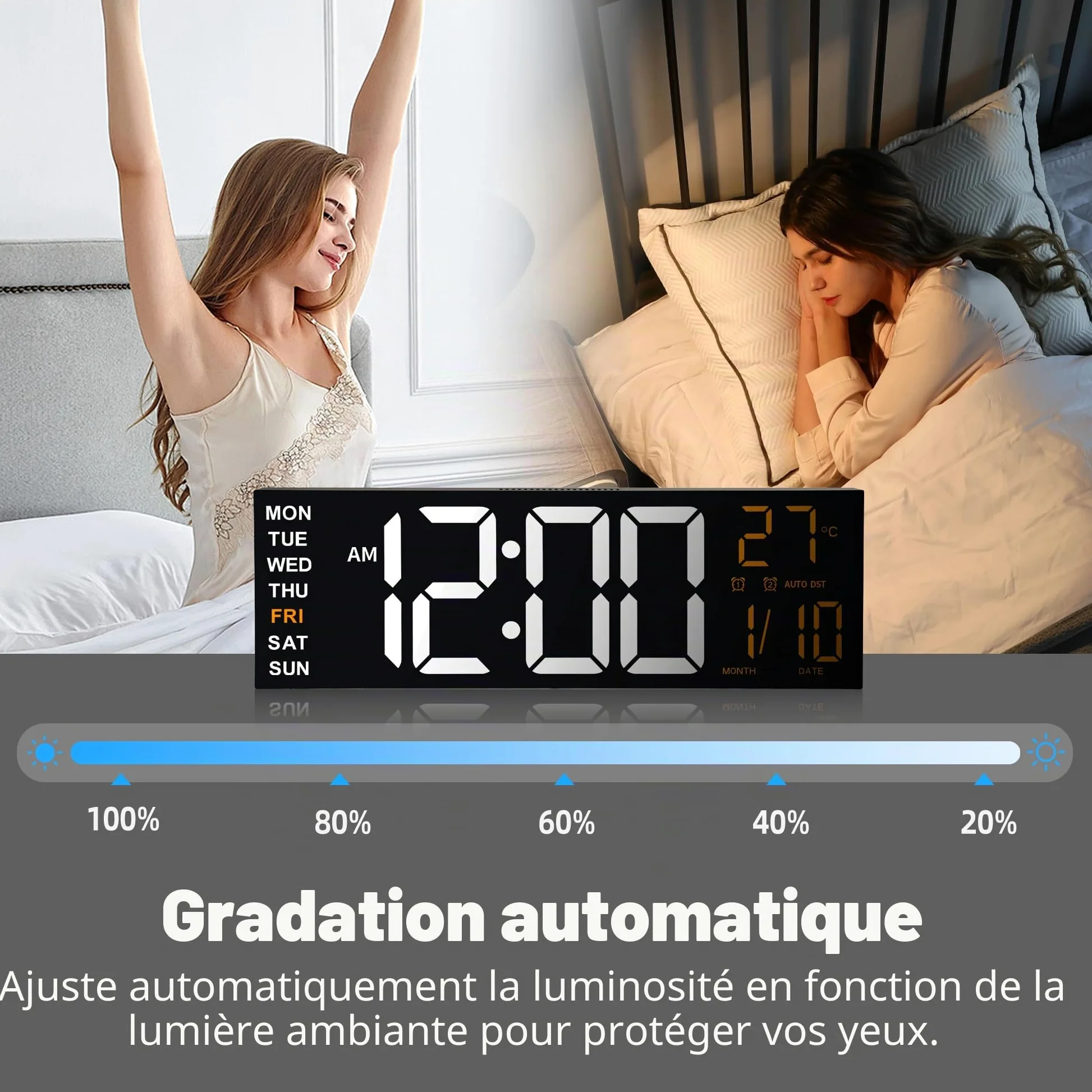 Horloge Numérique Murale 16,5" avec Minuteur, Lumière Nocturne, 2 Réveils, 8 Couleurs RGB, Réglage Auto de la Luminosité, Température, Date, 24/12 Heure pour le Salon, Chambre, Bureau, Seniors