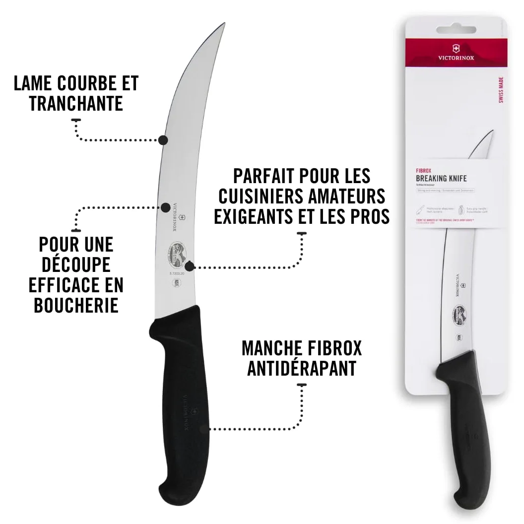 Victorinox Fibrox Couteau de boucher, Couteau long pour couper de gros morceaux de viande, 20 cm, Lame incurvée, Tranchant, Inox, Noir
