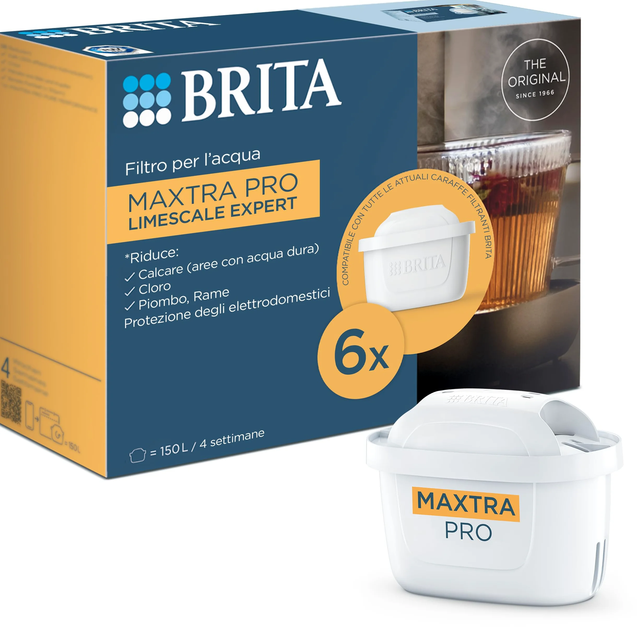 BRITA Maxtra Pro Lot de 6 cartouches filtrantes à eau Expert en chaux à économie semestrielle – Pièce de rechange originale pour toutes les carafes Brita avec filtration supplémentaire du calcaire et