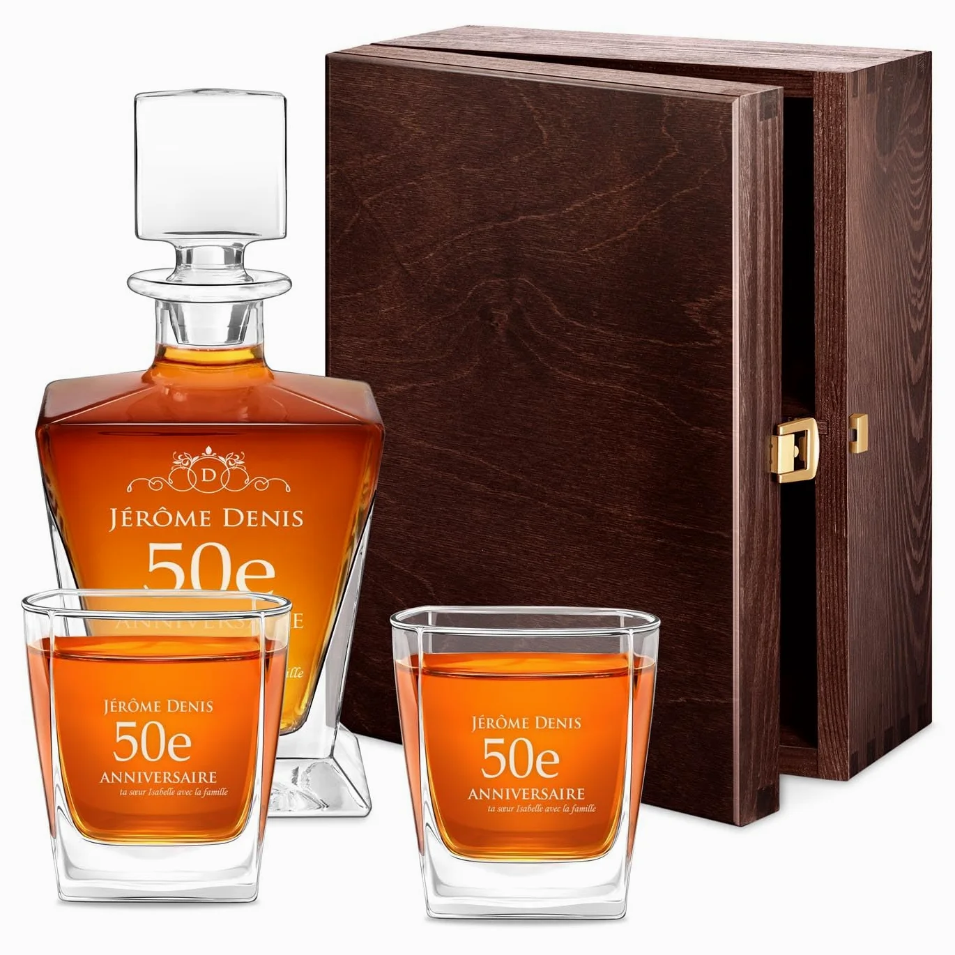 Maverton Ensemble de Carafe et 2/4 / 6 verres à whisky avec personnalisation - Set en verre transparent pour homme - pour anniversaire - pour lui - pour dégustation de whiskey - 50 ans