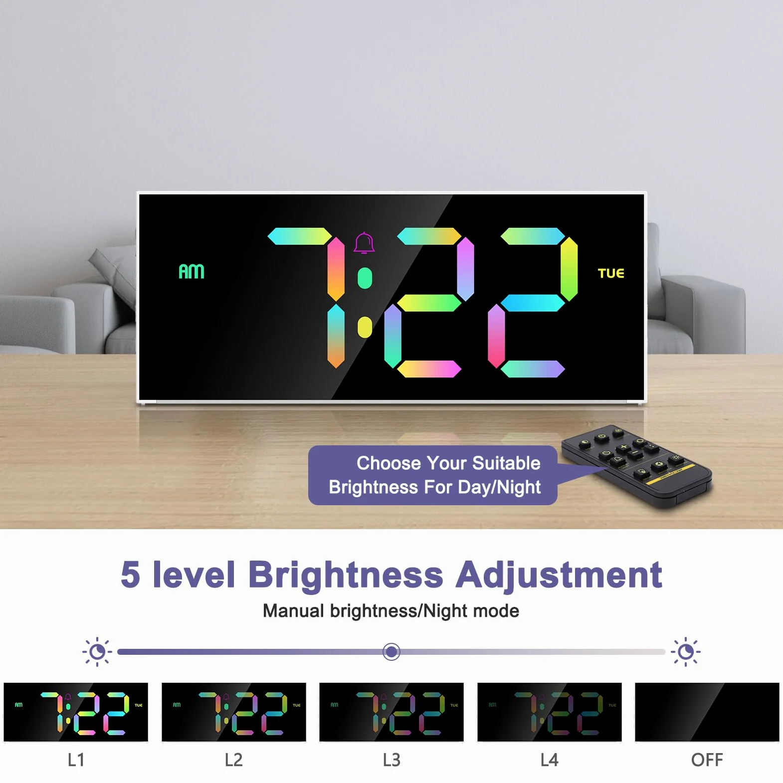 Horloge Murale, Réveil Numérique RGB Écran 12" avec Télécommande, 5 Niveaux de Luminosité, Affichage Date et Heure, Mode Nuit, Horloge Digitale pour Salon, Salle de Sport