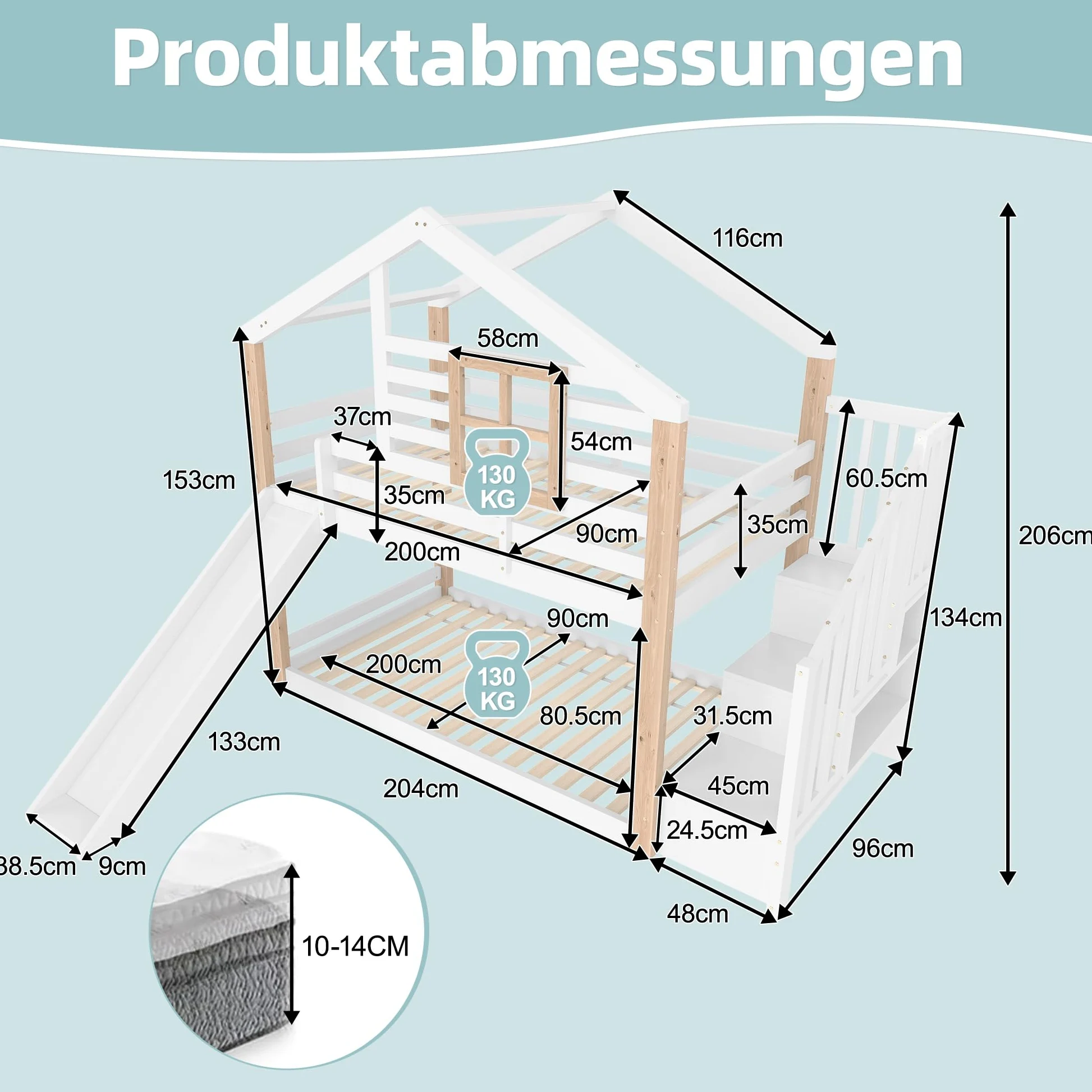 Zepneiy Lit Cabane Enfants 90x200 avec Toboggan et fenêtre, Lit Superposé 2 Places avec Rampe et Espace de Rangement, pour Les frères et sœurs, en Bois Massif Blanc (sans Matelas)