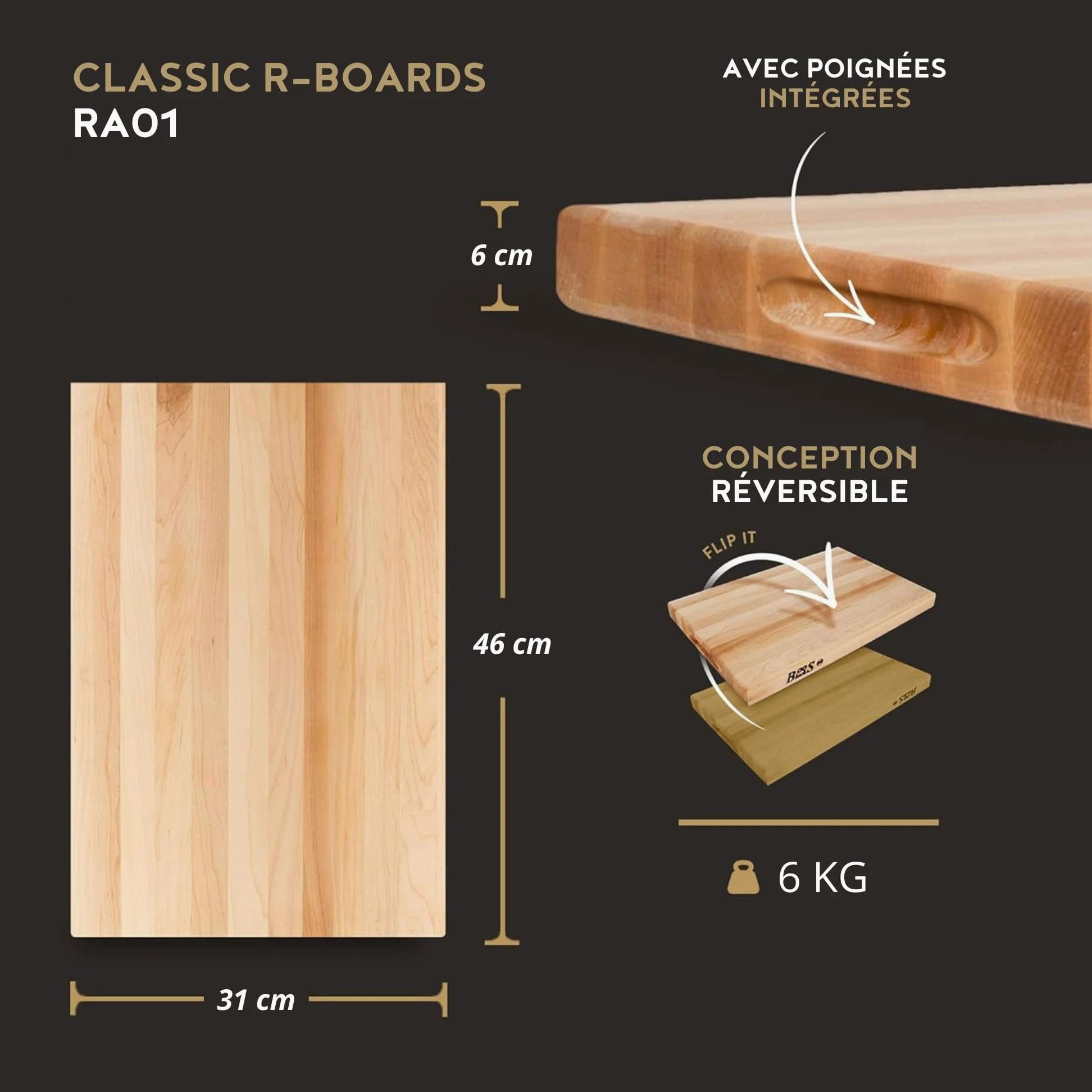 Boos Block Pro Chef Series - Billot De Cuisine - 46 x 31 x 6 cm | Planche Erable d'Amérique Du Nord - Planche a Decouper Professionnelle - Planche Apero XXL - Extra Épais