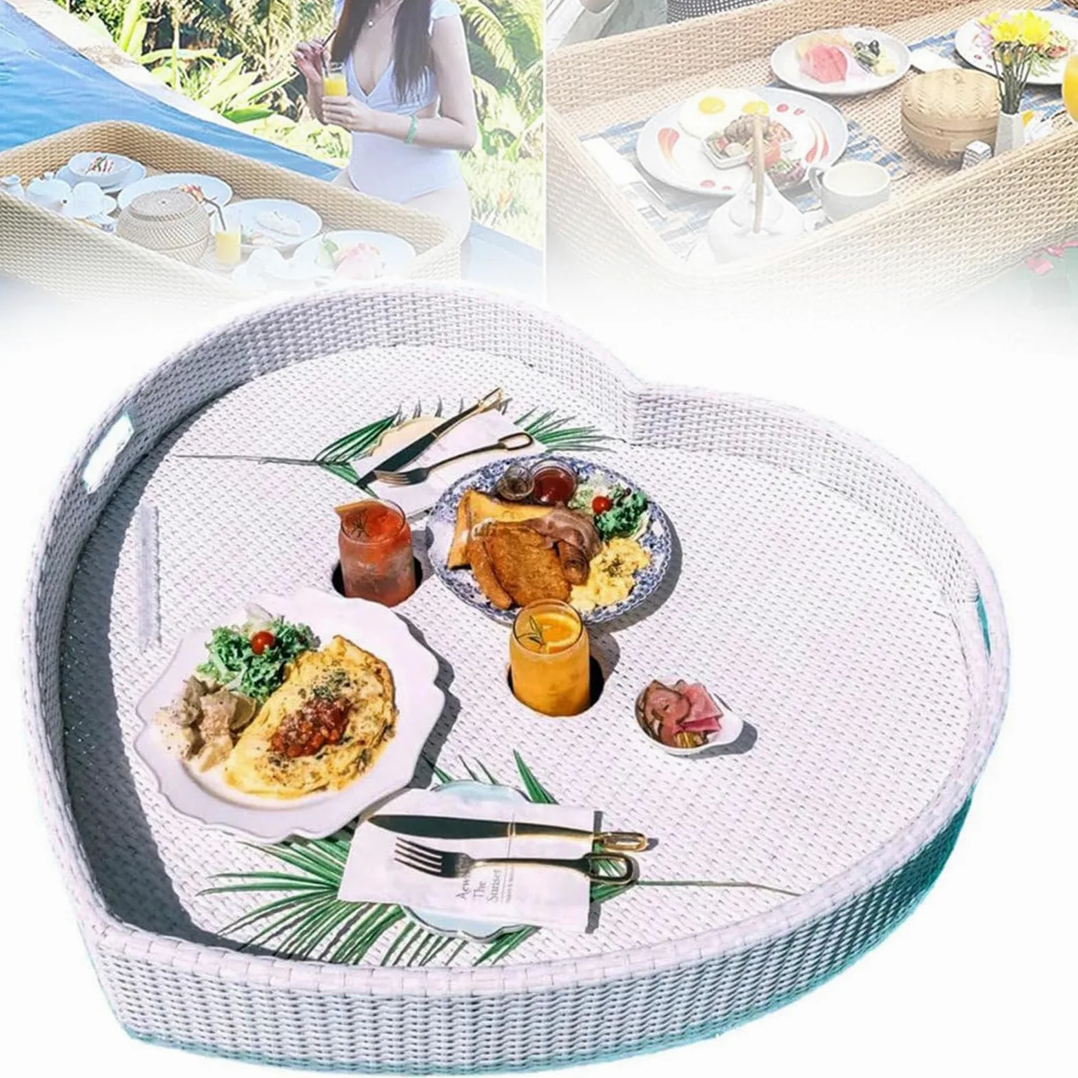 Plateau de Service tissé en rotin Plateau de Petit-déjeuner Flottant en rotin avec poignées, Plateau Flottant, flotteurs de Piscine pour Adultes pour Le Petit-déjeuner dans Le Bain à remous,