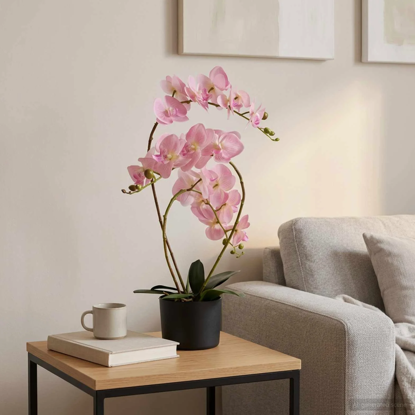 Plante d'orchidée artificielle avec pot rose - 45 x 15 x 65 cm - Fleur décorative en soie pour salon, chambre à coucher, entrée - Facile d'entretien