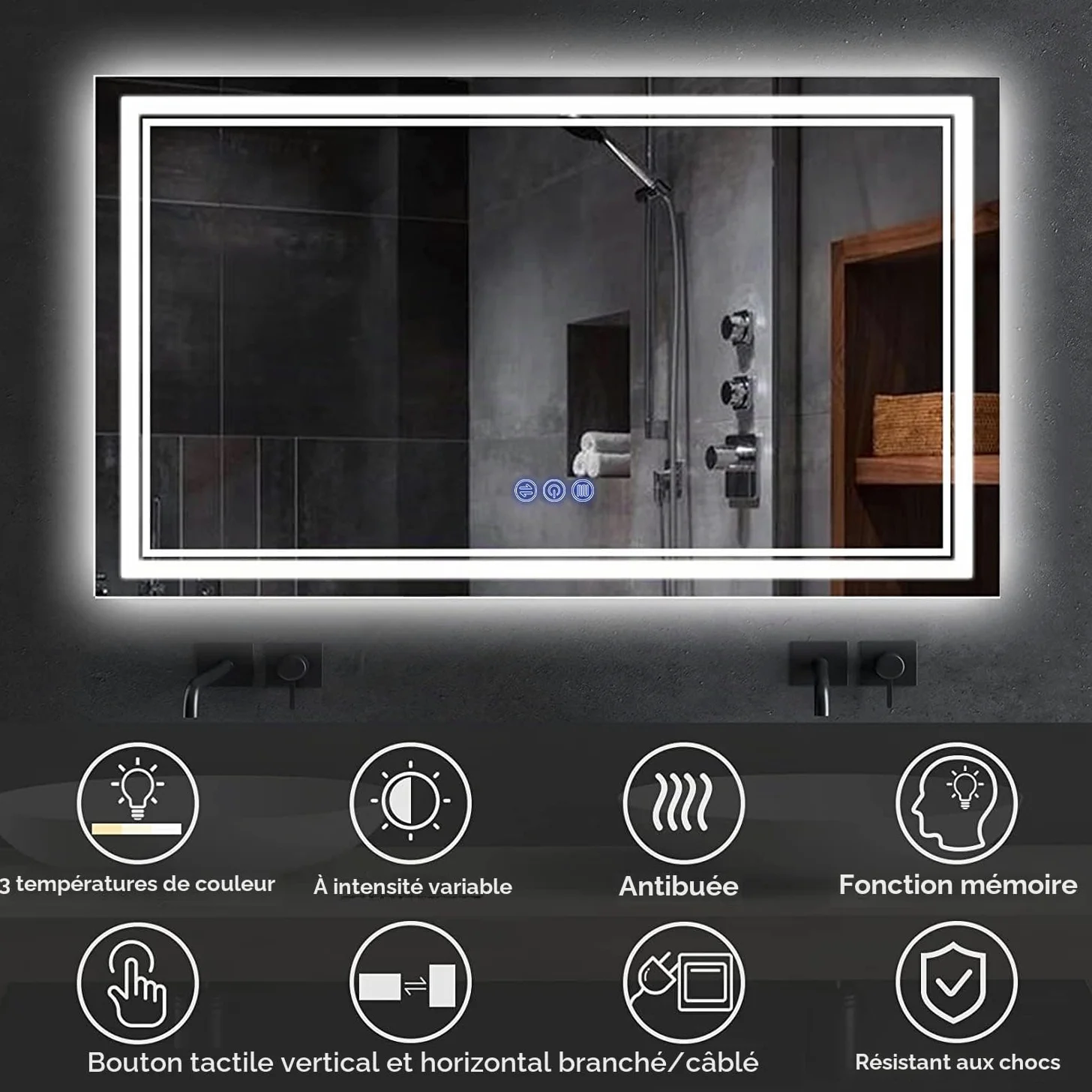 Miroir de Salle de Bain, avec éclairage, 120 x 70 cm, Miroir Mural et Interrupteur Tactile, IP65 LED, avec Fonction mémoire, 3 températures de Couleur, Horizontale/Verticale, Verre trempé HD