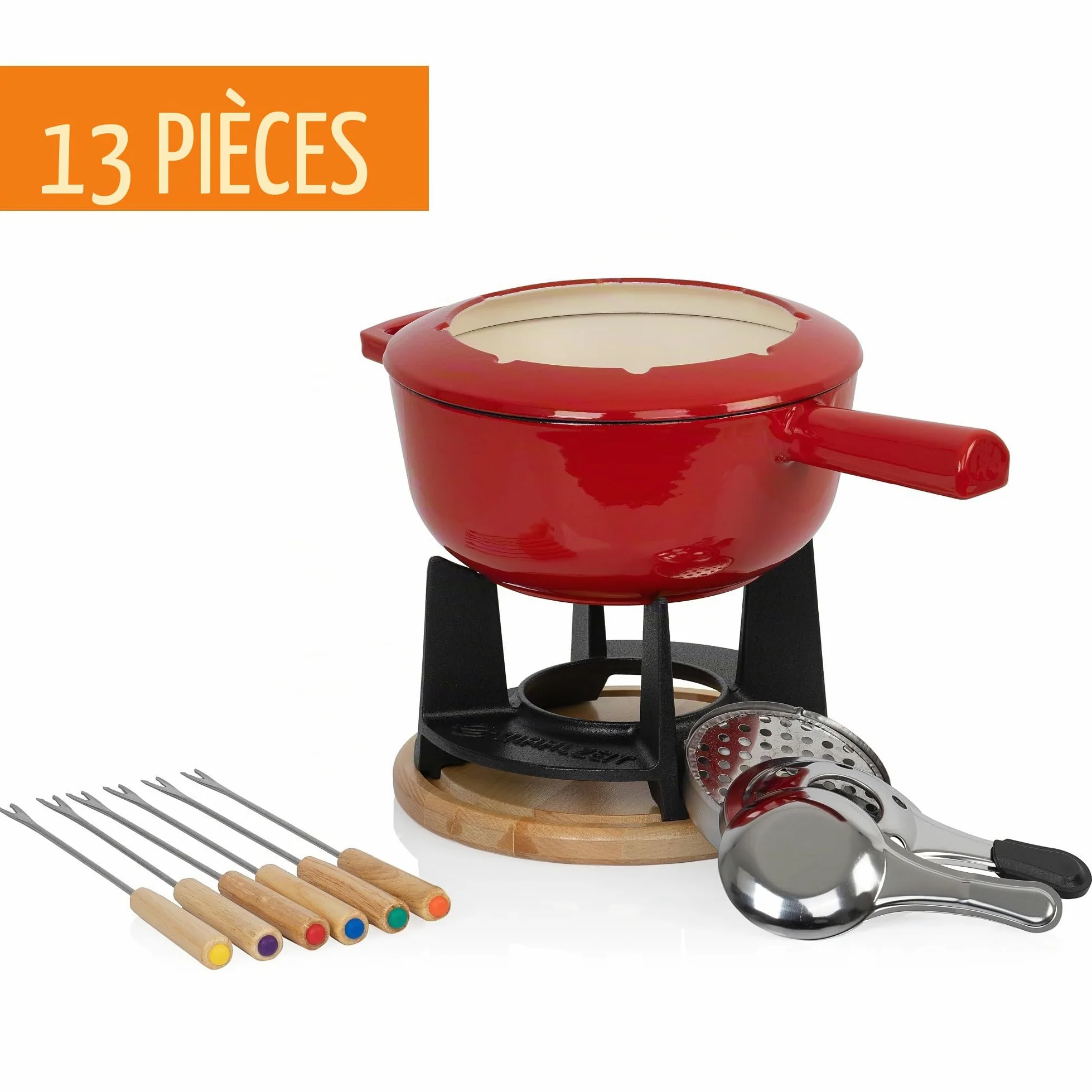 Mahlzeit Service à Fondue en Fonte pour 6 Personnes | 2 litres | Service à Fondue à 13 pièces avec brûleur et fourchettes | Service à Fondue Chocolat, Fondue bourguignonne (Rouge émaillé)