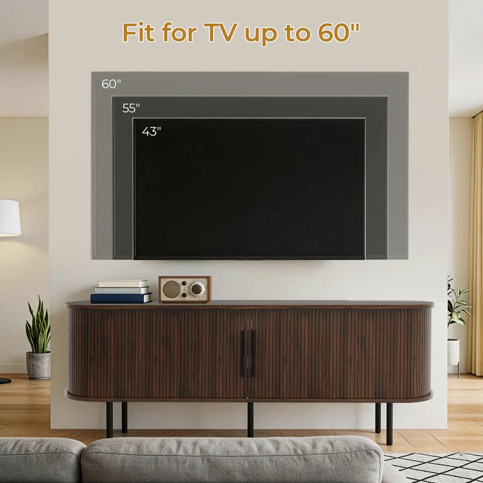 LEADZM Meuble TV avec 2 Portes Coulissantes Étagère Ajustable pour Salon et Chambre à Coucher, Style à lamelles Verticales, 147 x 35 x 58 cm (Noyer)