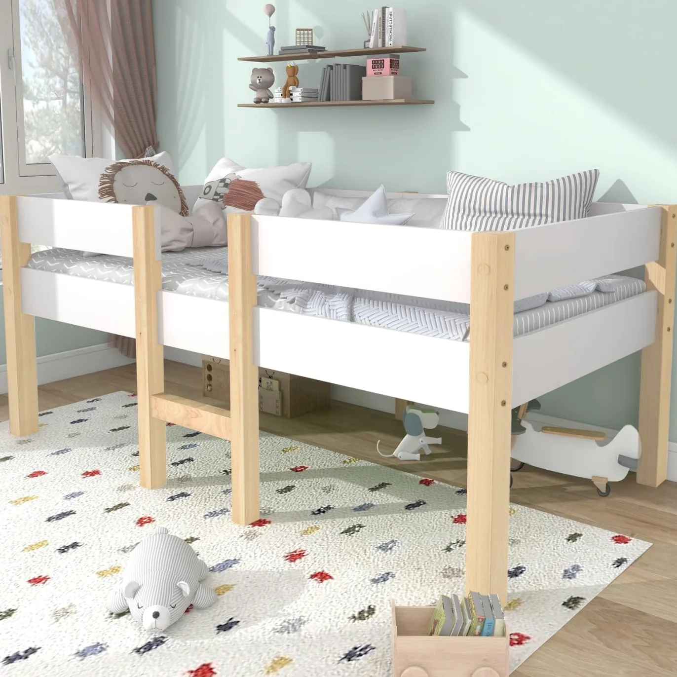 Sweiko Lit 90x190 cm,Cadre de lit pour Enfant en Bois Polyvalent avec barrière de sécurité, pour garçons et Filles,Cadre de lit en Bois Massif, Blanc