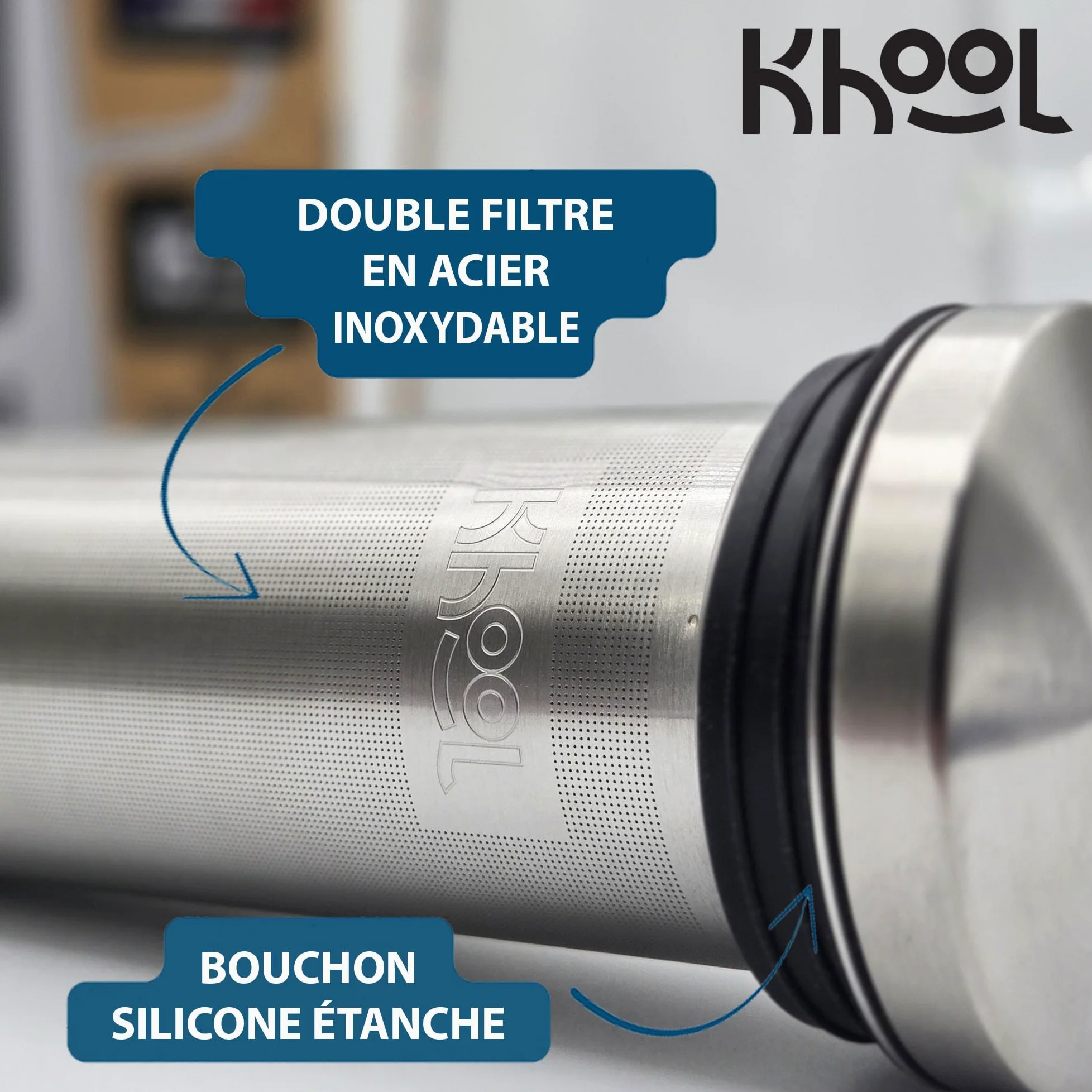 KHOOL - Kit Carafe filtration de l'eau en Verre et Inox + Bâtons Charbon de Bambou et Perles de Céramique - Purifie & améliore le goût de l’eau - Alternative Écologique - Origine France - 1L