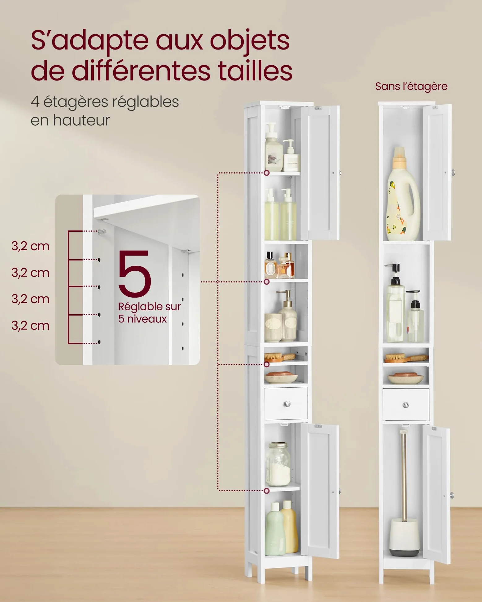VASAGLE Colonne Salle de Bain Haute, Meuble Salle de Bain Etroit, avec Étagères Réglables, Tiroir, Compartiments Ouverts, pour Les Petits Espaces, Moderne, Blanc Nuage BBC765W01