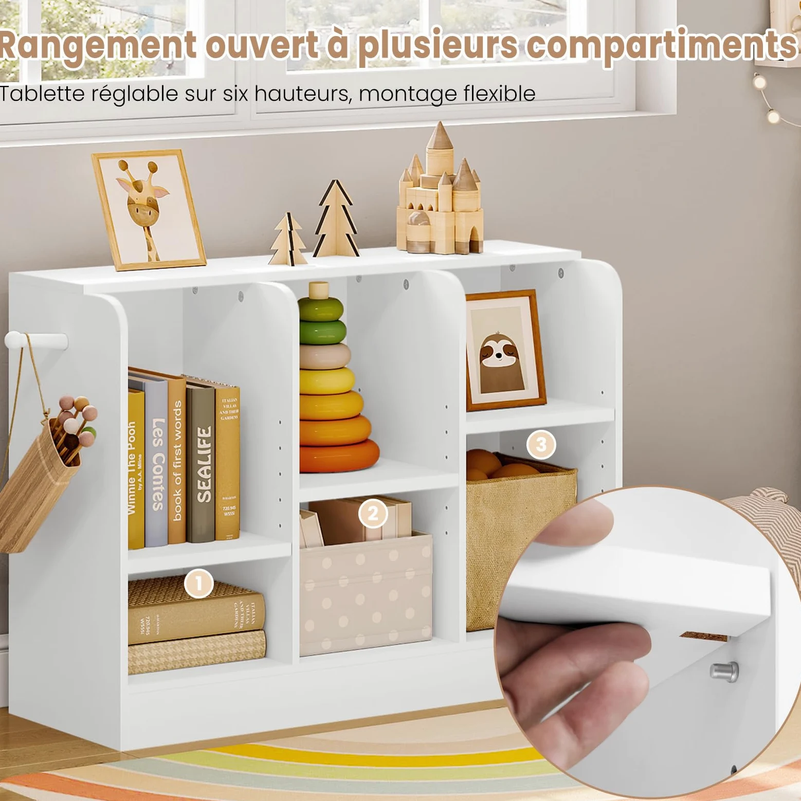 Lestarain Bibliothèque Enfant, Étagère à 6 Compartiments, Meuble Rangement avec Étagères Réglables, pour Chambre d'Enfant, Salle de Jeux, 91,5x30x60cm, Blanc