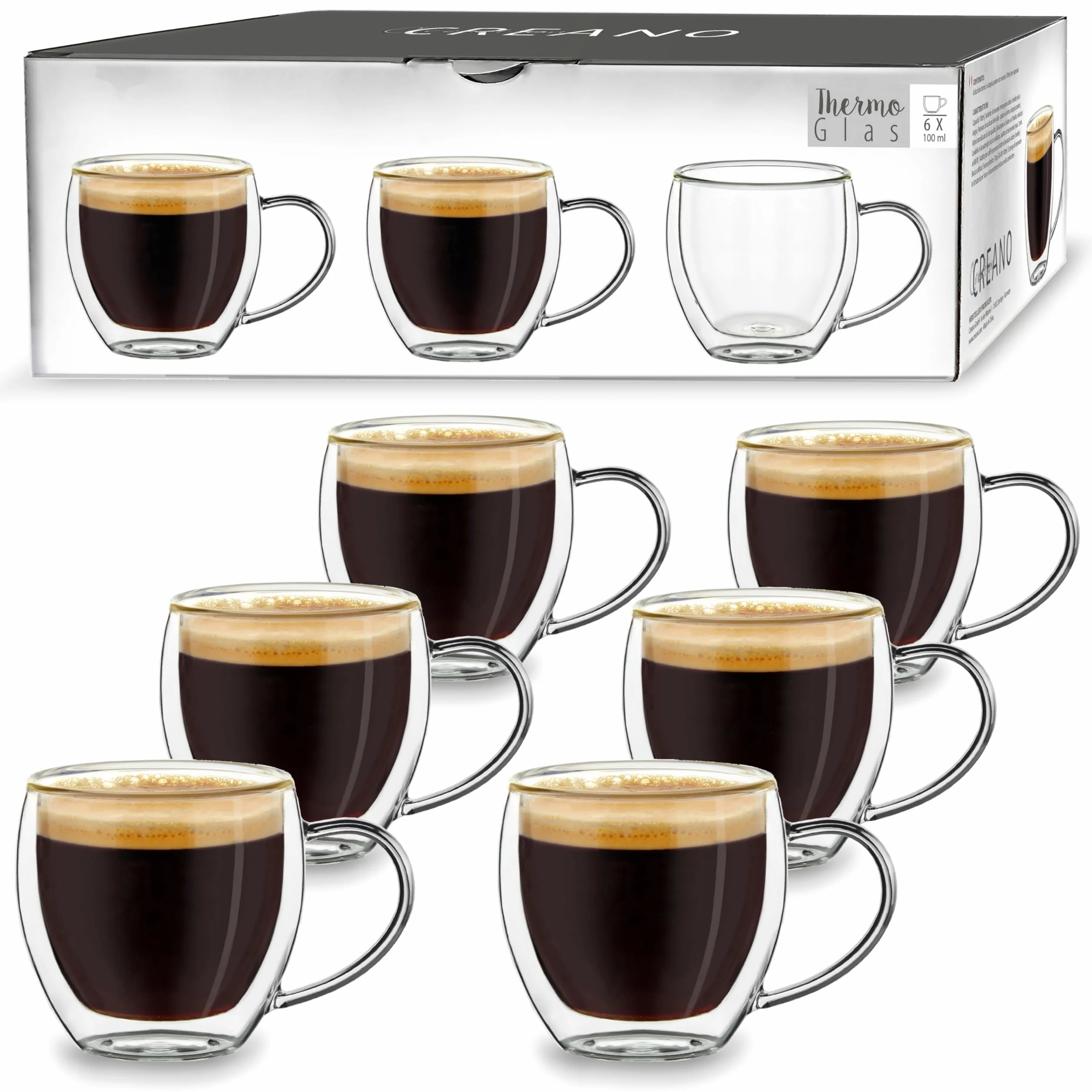Creano Verre Double Paroi Espresso avec Anse 100 ml – Modèle Haut Isolant en Verre Borosilicate pour Boissons Chaudes et Froides – lot de 6 verres