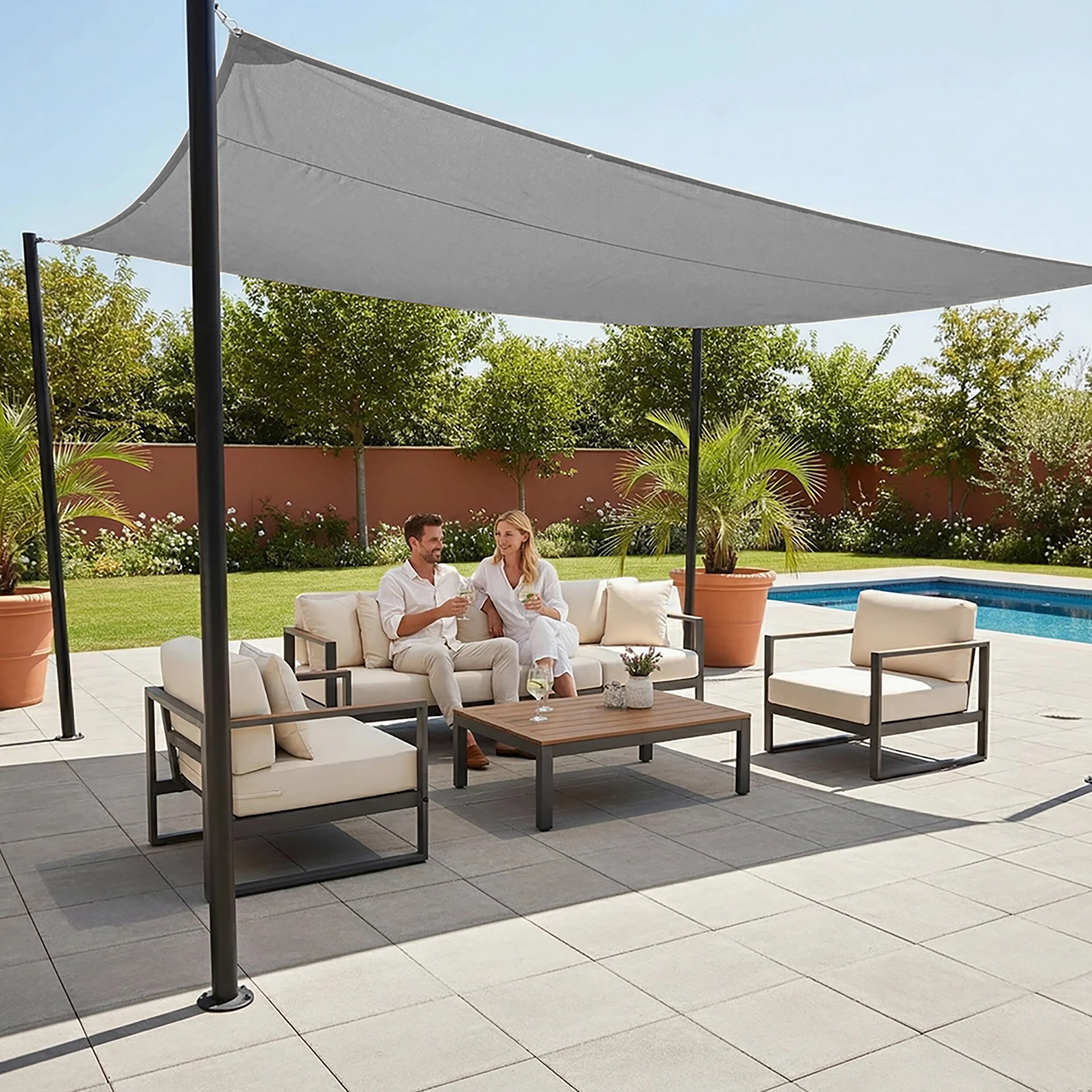 Tente d'ombrage Relaxdays, 5 x 5 m, Polyester, déperlant, œillets & Cordes de Tension, Toile carrée, Gris foncé