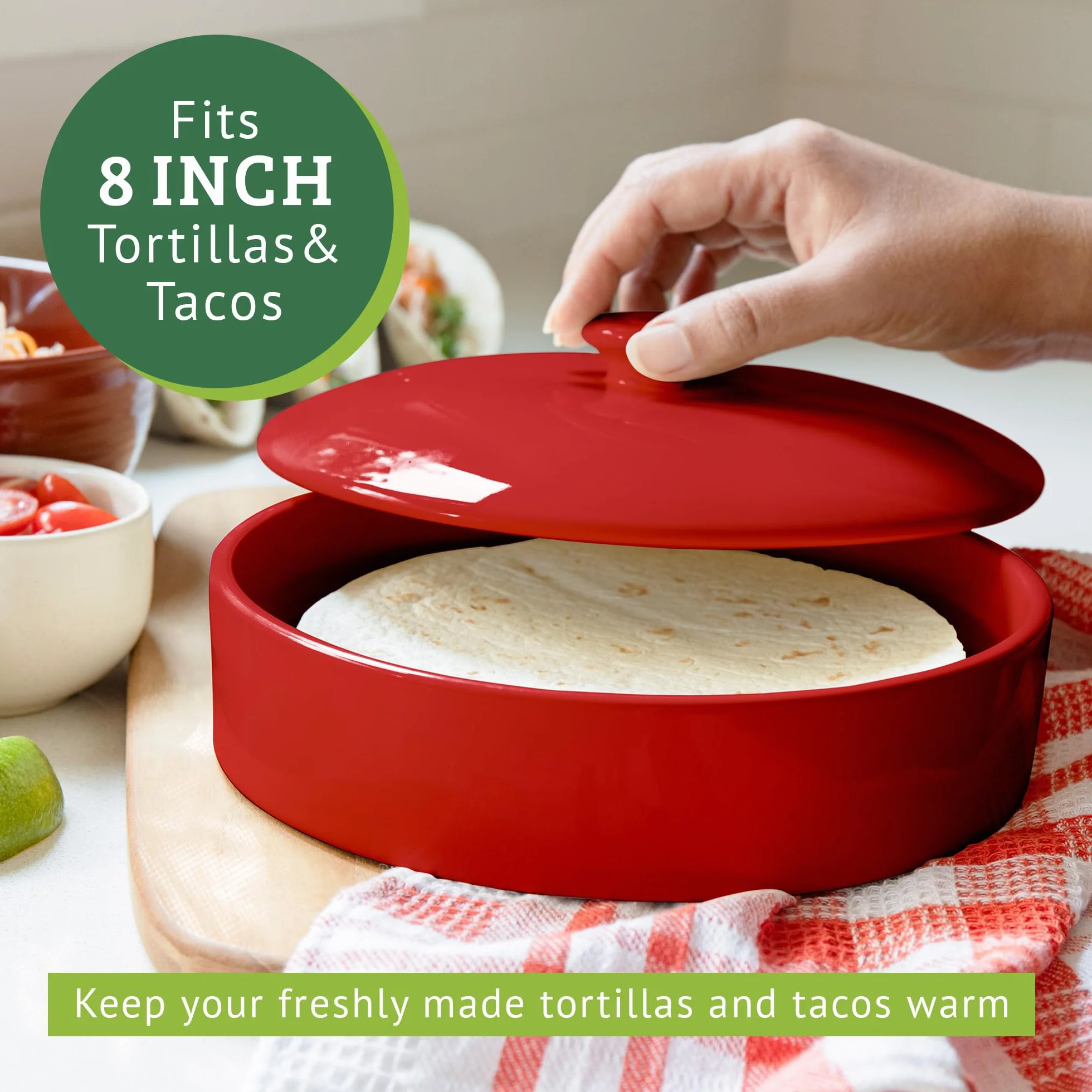 Chauffe-tortilla en Céramique 20 cm, Garde Tortilla Micro-ondable, Spéciale Boîte à Crepes & Tortillas avec Couvercle, Excellent pour Stocker et Chauffer vos Pancakes (Rouge)