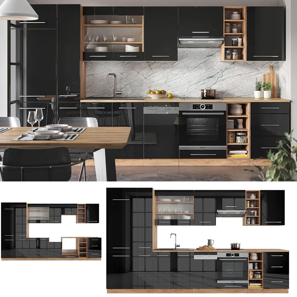 Vicco Cuisine Fame-Line, Anthracite Brillant/Chêne doré, 355cm, PT Chêne, adapté à Une Extension individuelle avec des modules supplémentaires