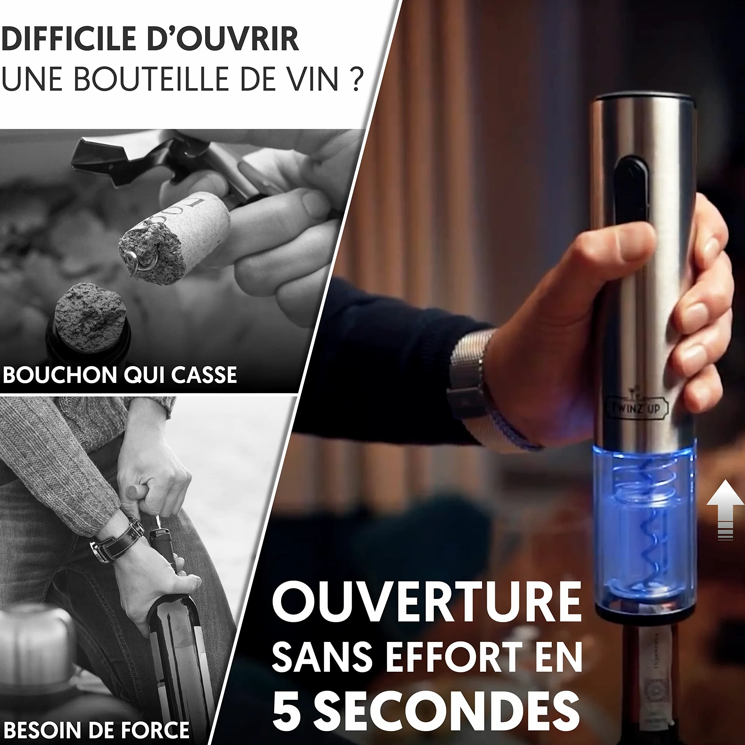 Twinz’Up Tire Bouchon Electrique Rechargeable - Coffret Cadeau Homme - Ouvre Bouteille Electrique sans-Fil avec Socle Chargeur et Coupe-Capsule