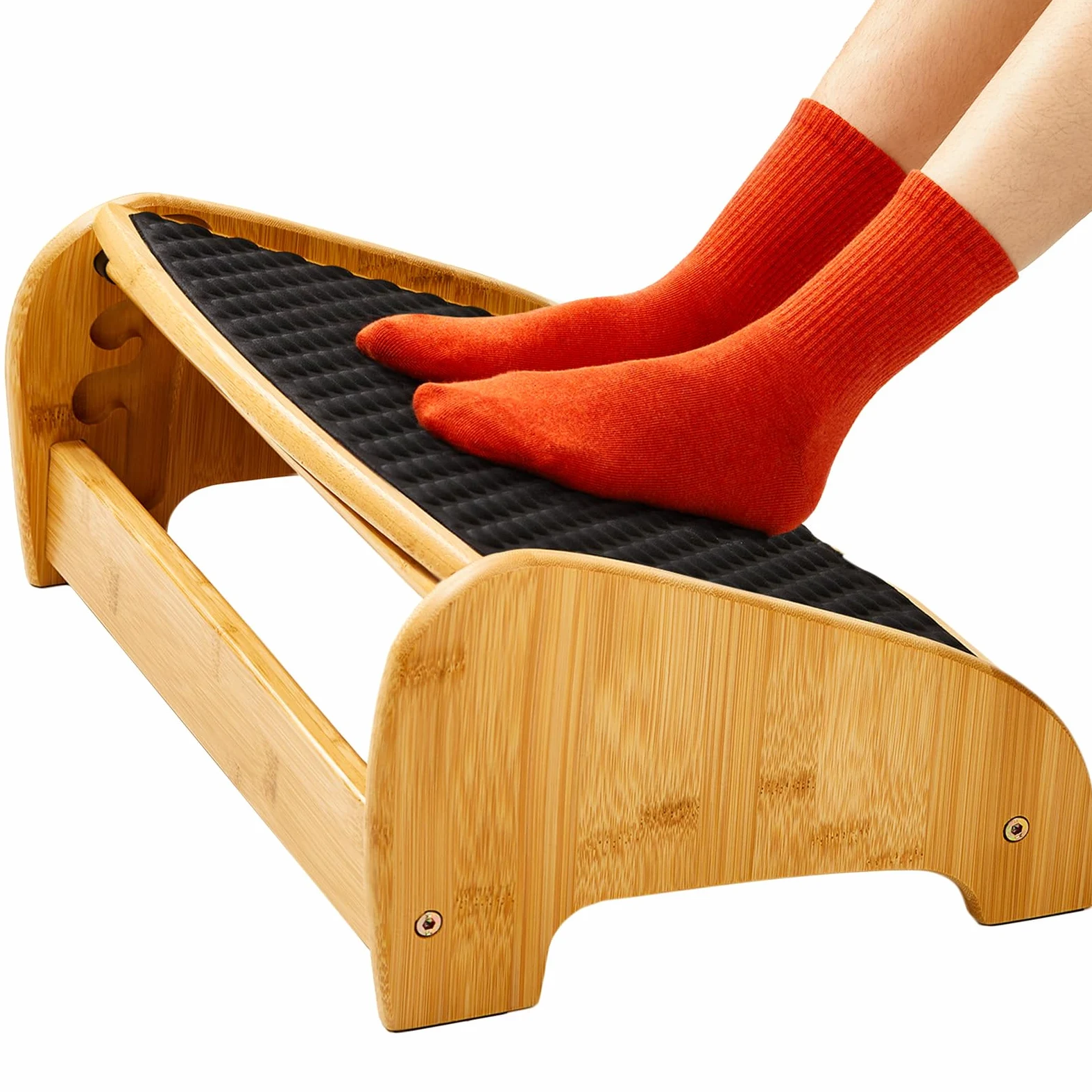 HUANUO Repose pieds bureau en bois bambou, repose pieds ergonomique avec 4 hauteurs & angles ajustables,surface massage en galets, repose pieds bureau antidérapant, meilleure posture maison & bureau