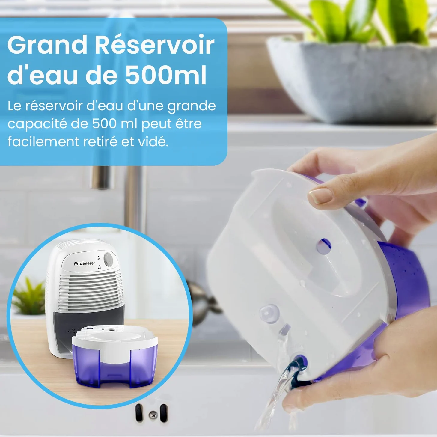 Pro Breeze Mini Déshumidificateur d'Air Compact 500 ml - Absorbeur d'Humidité et Moisissures - Cuisine, Chambre, Salle de Bain, Bureau