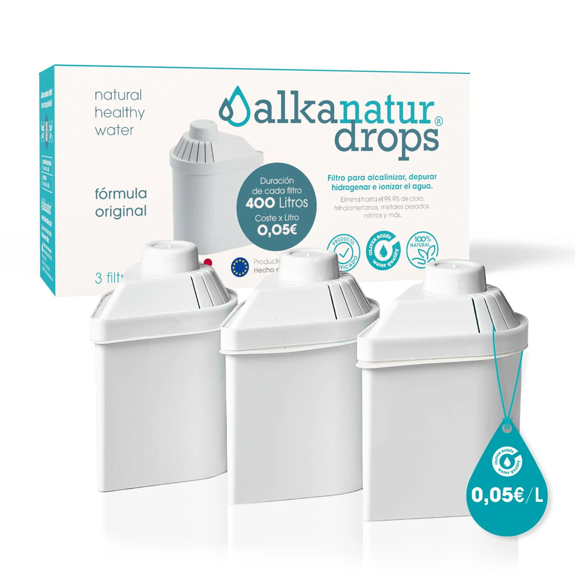 Pack 3 Filtres Alkanatur 400L par Filtre – Eau Alcaline Purifiée Réduit Chlore & Métaux Lourds – Antioxydants Naturels Filtres Sans BPA Compatibles Carafe Filtrante Alkanatur – Longue Durée Écologique