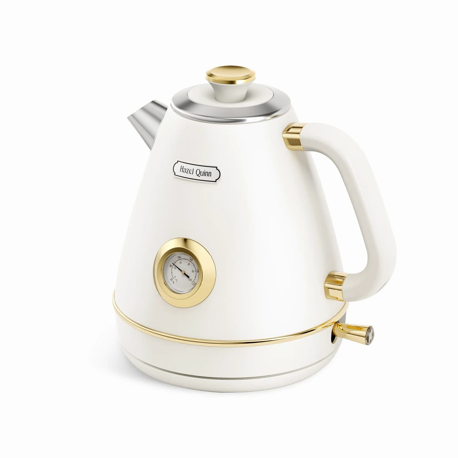 Hazel Quinn Bouilloire Électrique Rétro avec Thermomètre, Entièrement en Acier Inoxydable sans Plastique, Bouilloire Sans Fil, Arrêt Automatique, 2200 W, 1,7 L, Sans BPA, Vintage Design, Blanc Perle