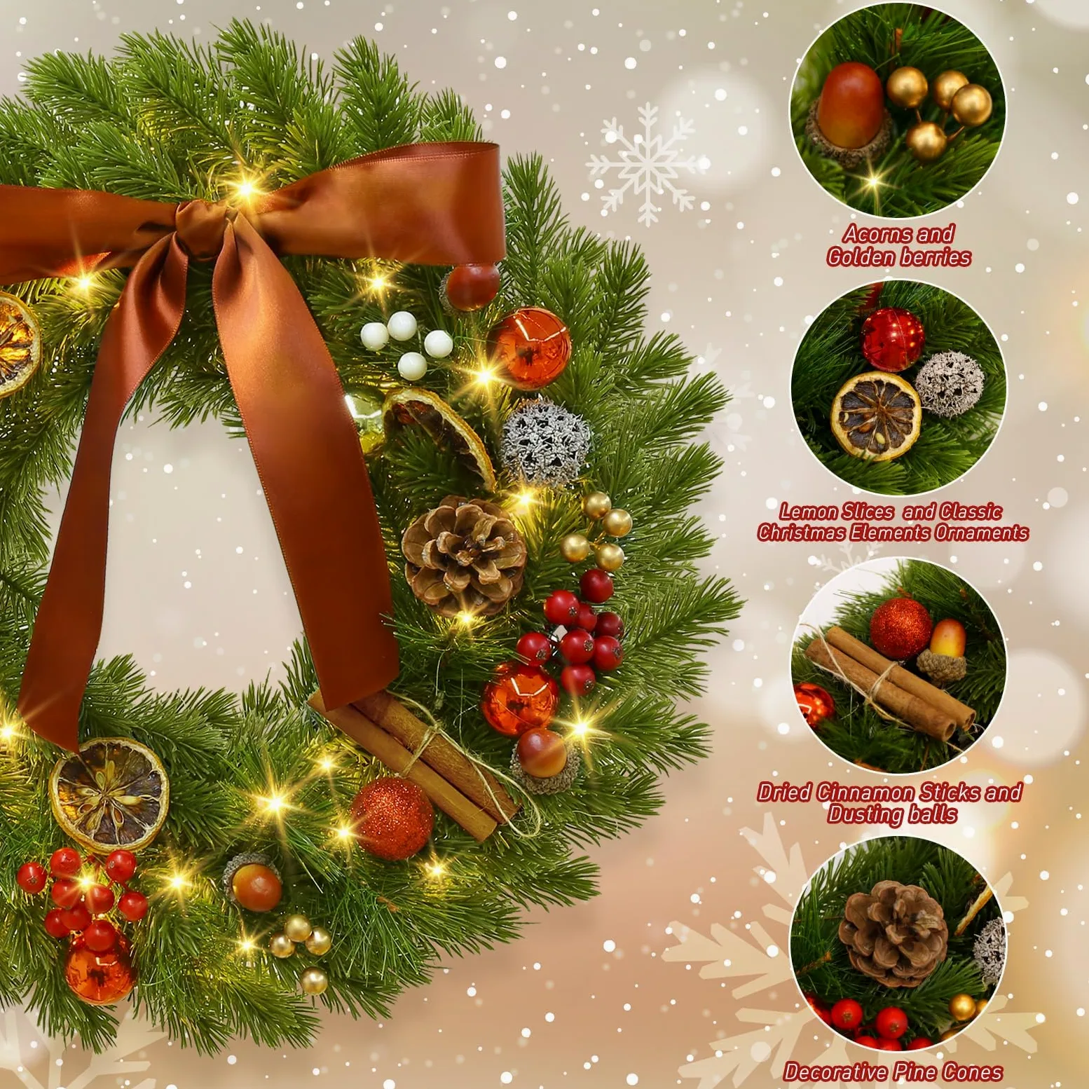 GlobaLink Couronne de Noël Porte 40 LEDs 40CM Couronne et Guirlandes de Noël Artificielle Minuterie à Piles Etanche IP44 Couronne de Noël Lumineuse Decoration pour Porte Entrée Mural Vitre Fenêtre